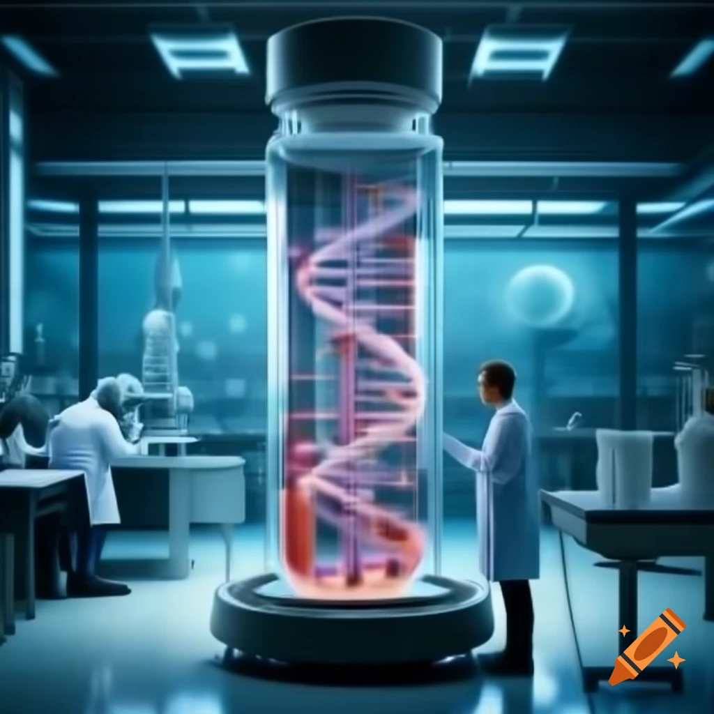 Researchers in futuristic laboratory with test tubes and DNA structures