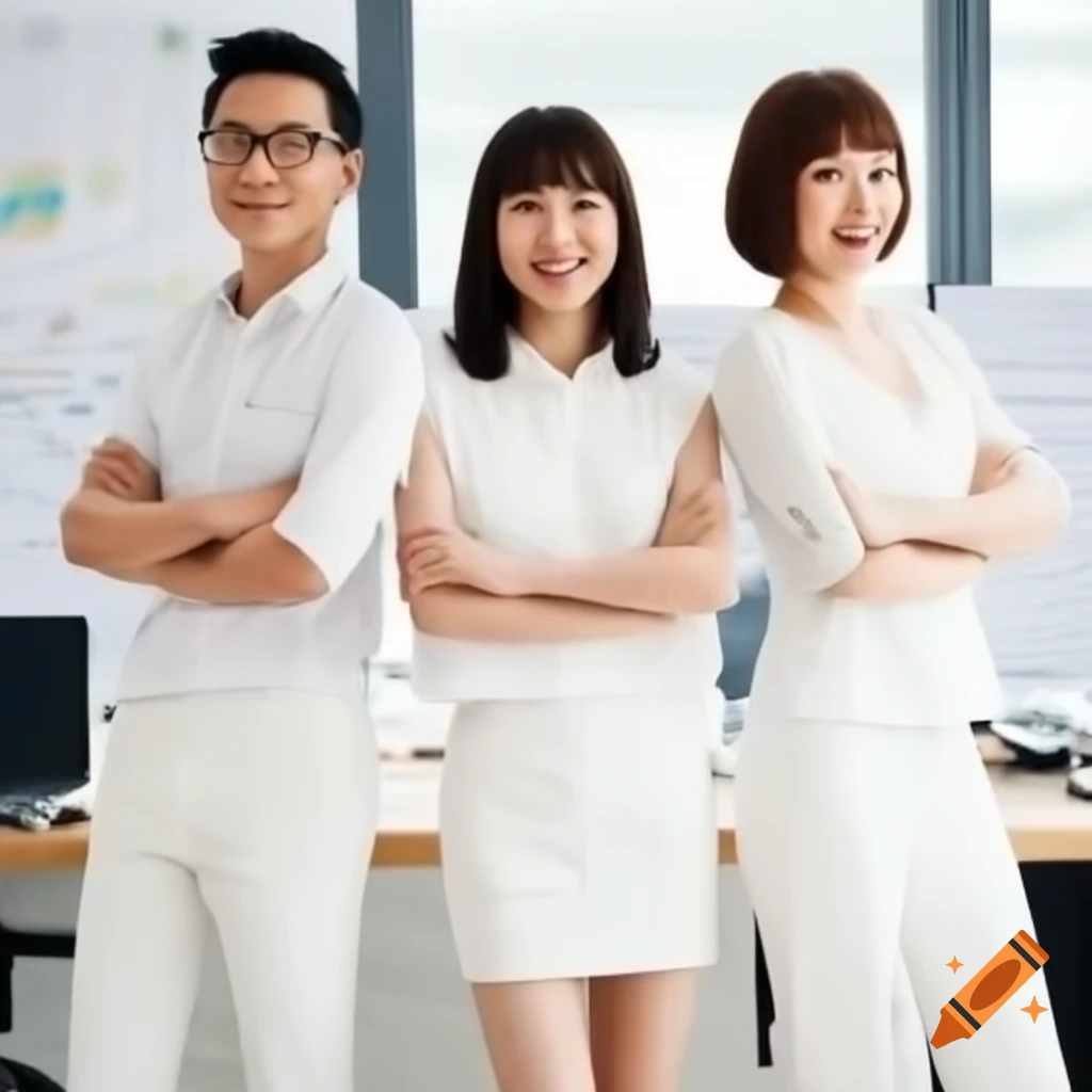 Asian model in white clothing smiling with arms crossed in creative office