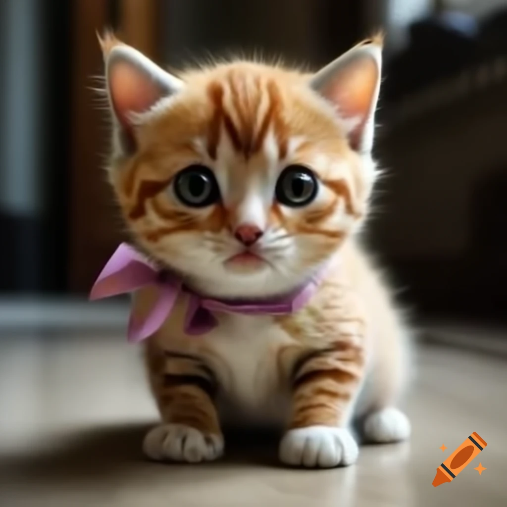 Cute kitten with big eyes and a ribbon