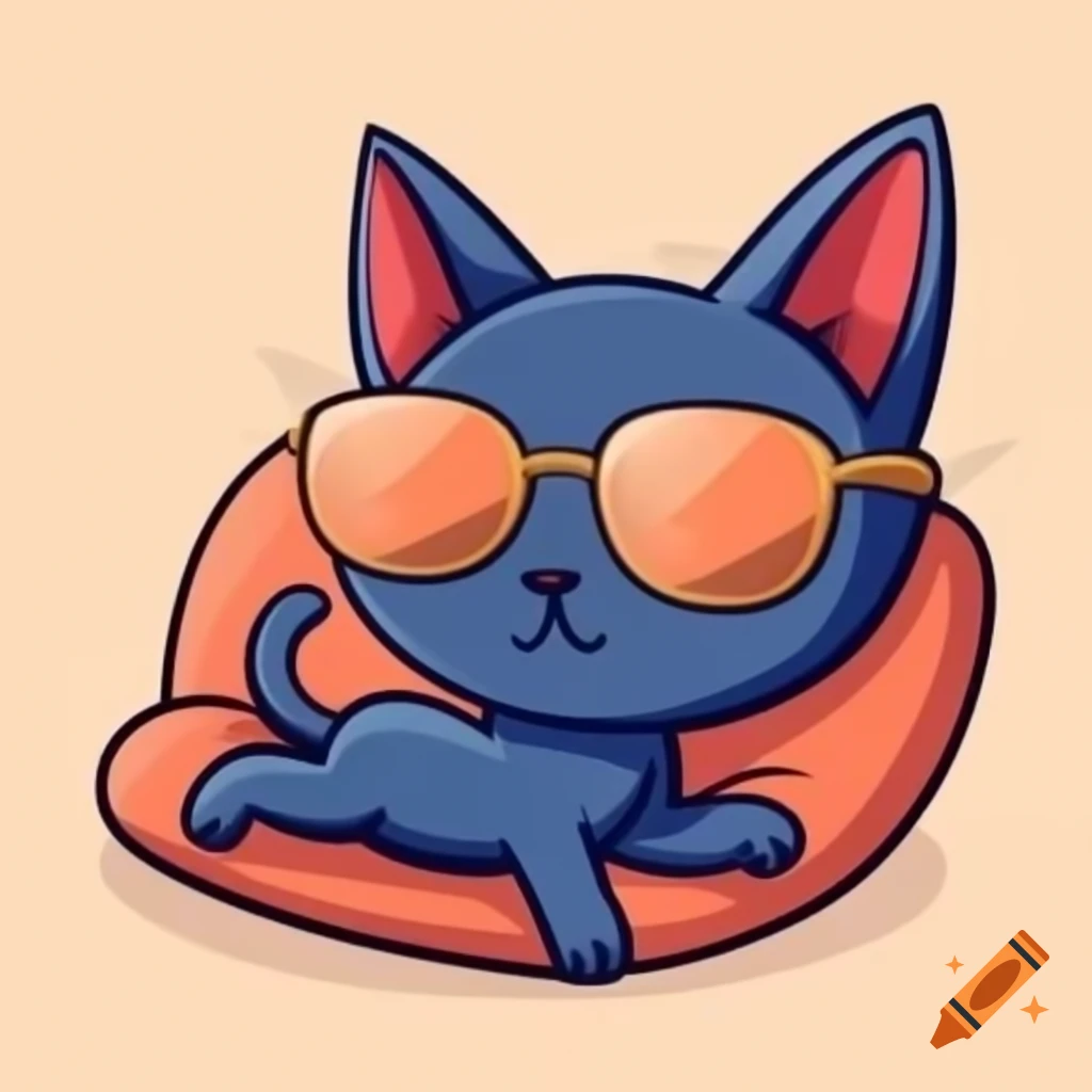 Cartoon art of black cat in sunglasses lying on couch
