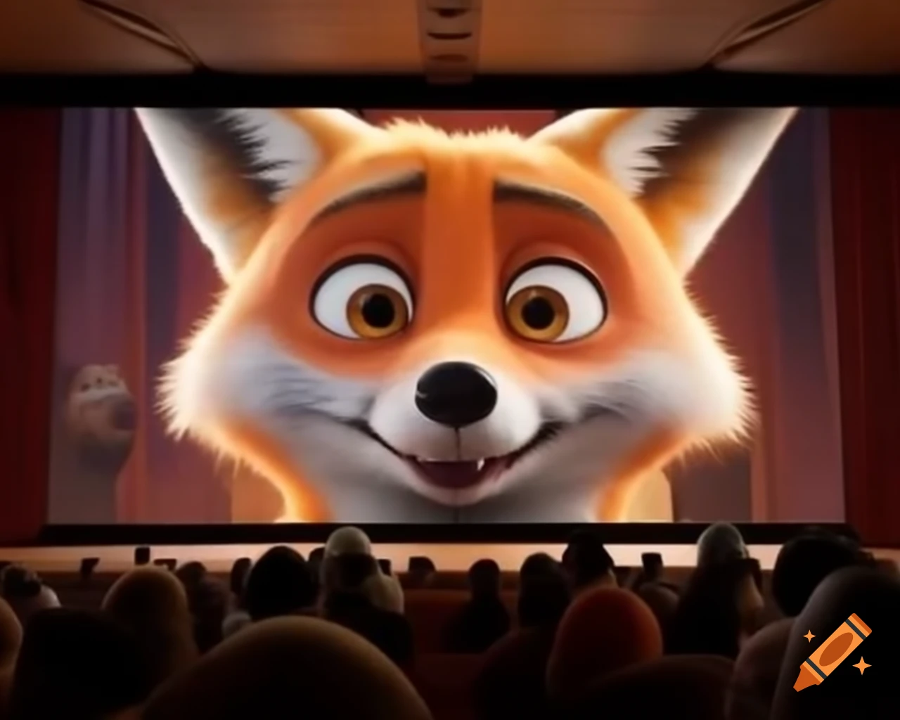 Audience watching Disney Pixar 3D movie featuring a fox