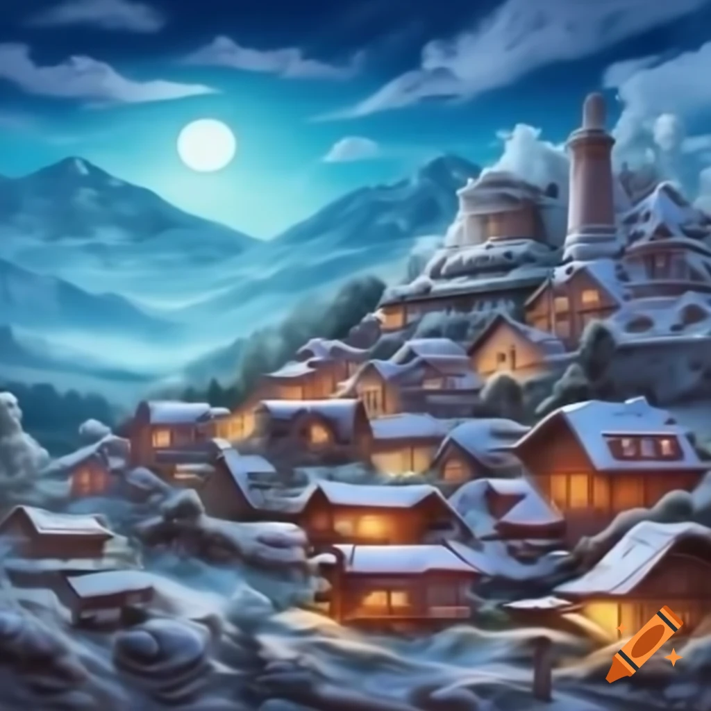 Mountain town covered in powdered sugar under full moon and towering evergreens