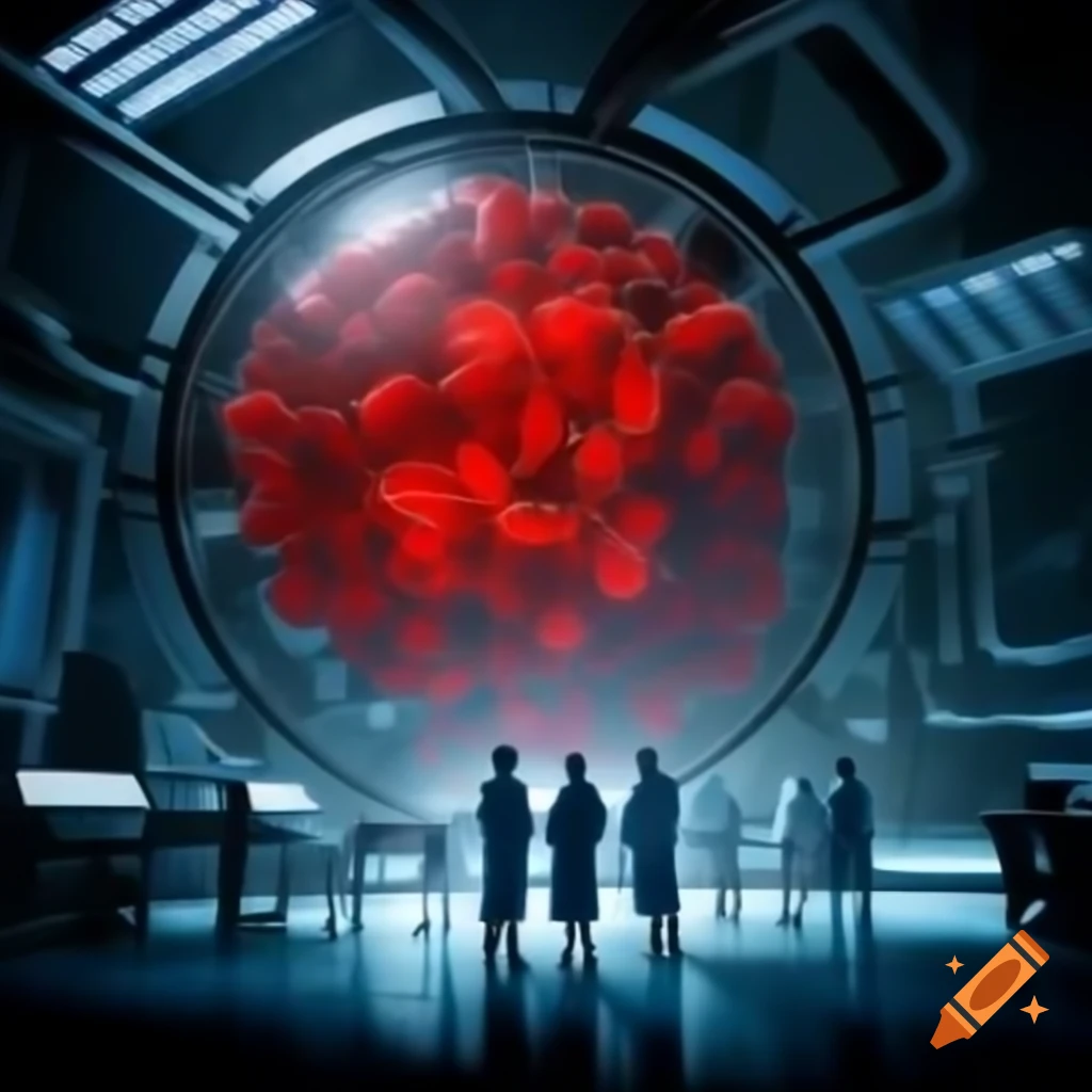 Scientists on red blood cell with futuristic lab and DNA molecules