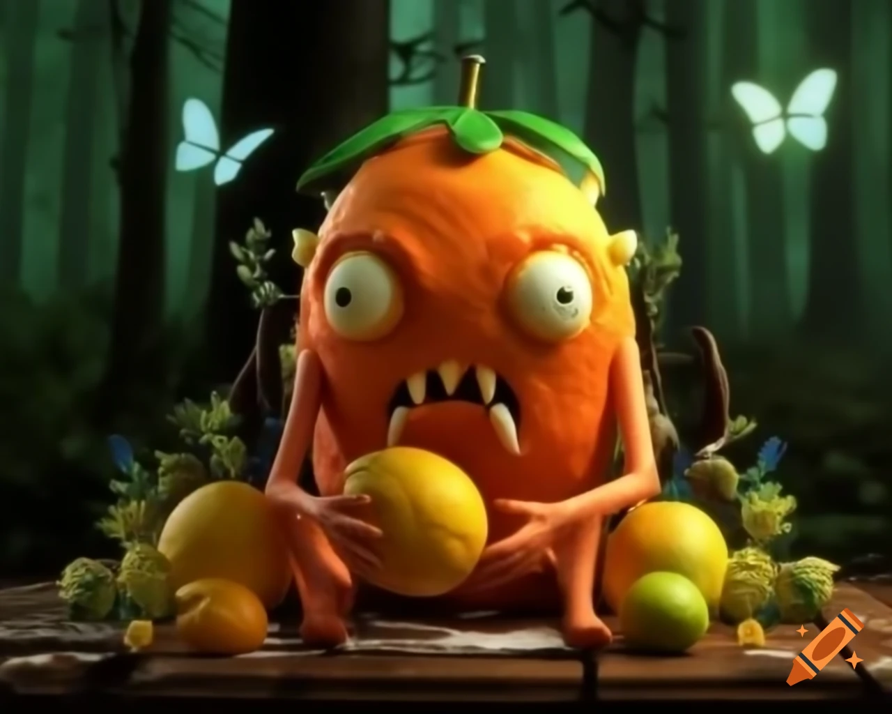 3D illustration of orange fruit tree monster with lemon face in forest setting