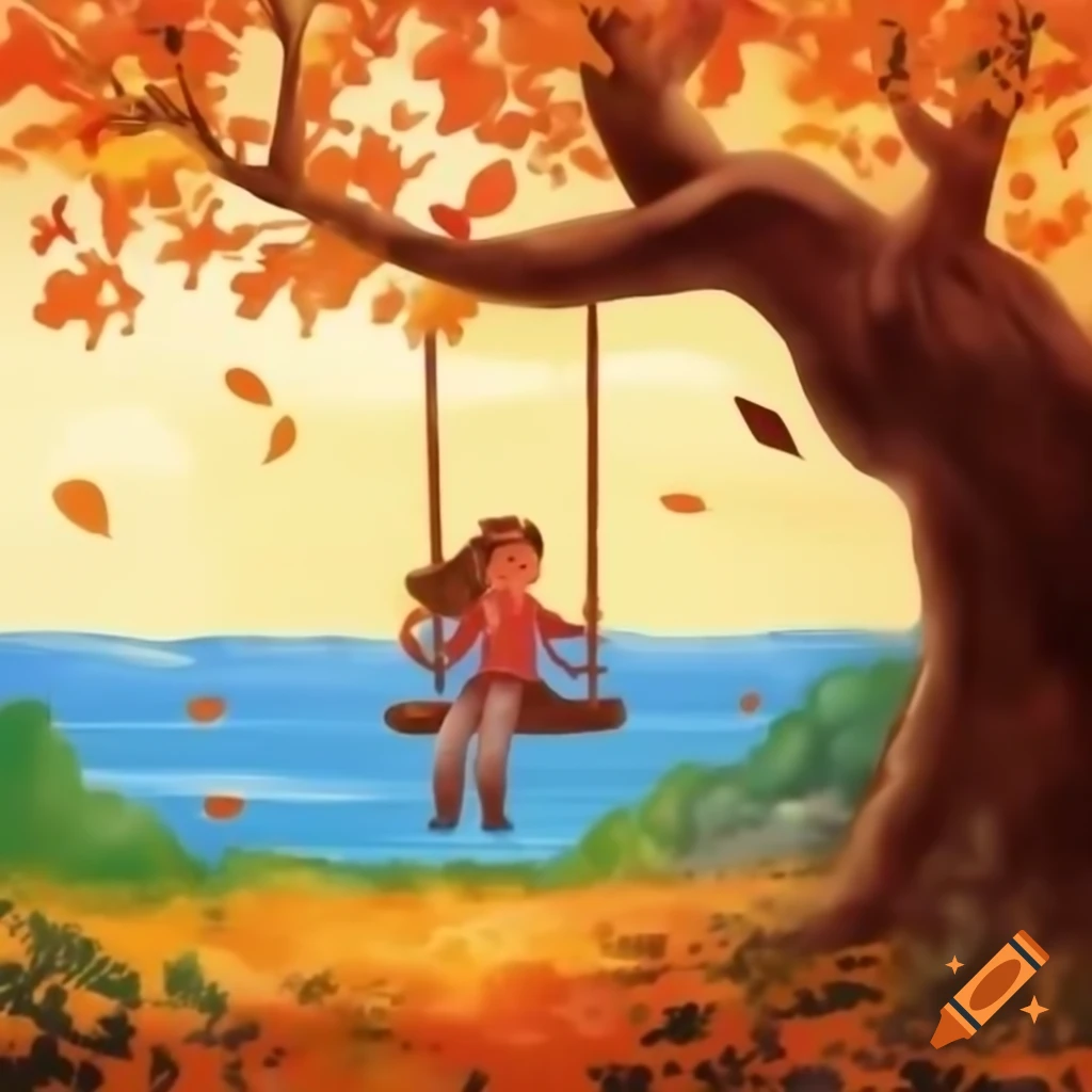 Oak tree with rope swing on a beautiful autumn day