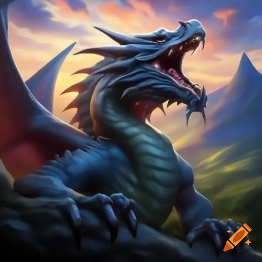 Massive rotund dragon with dusk-colored scales dwarfing hills