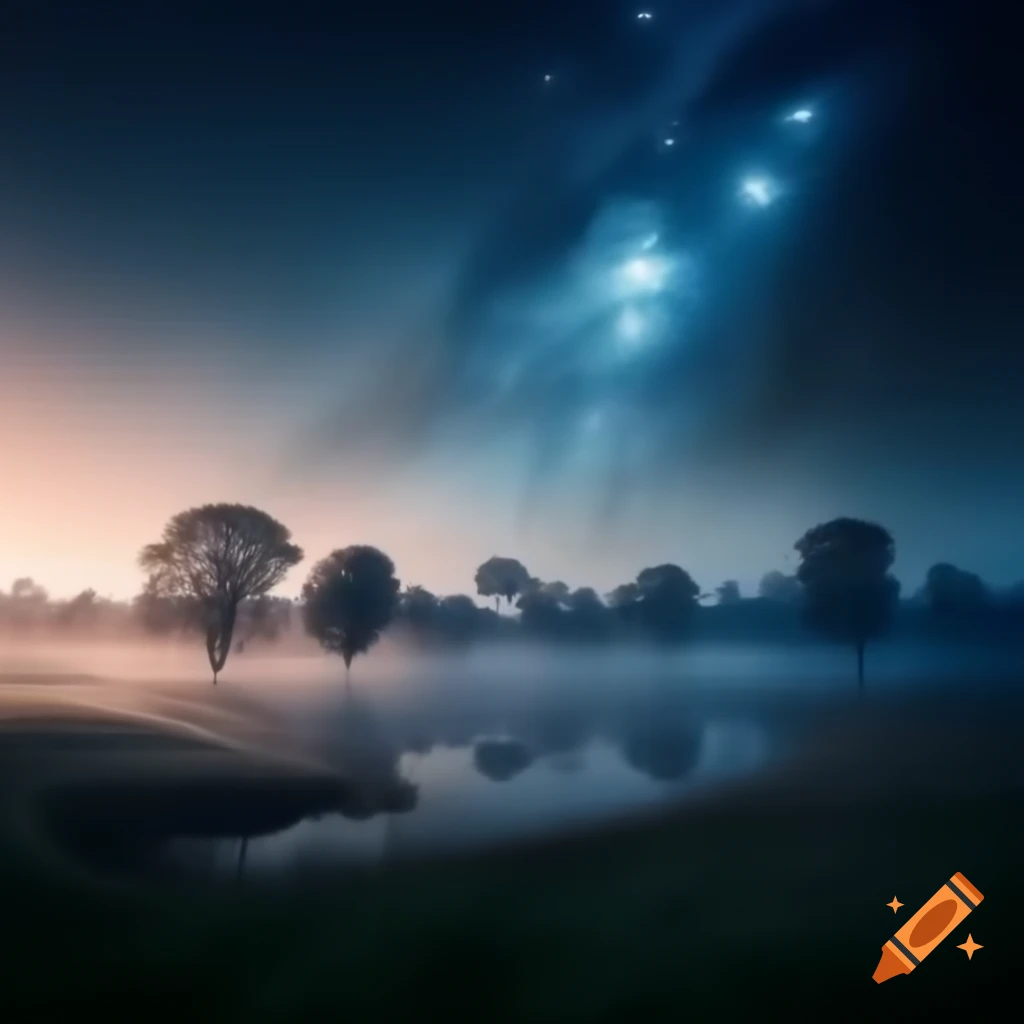 Mystical dawn scene with fog, trees, and stars
