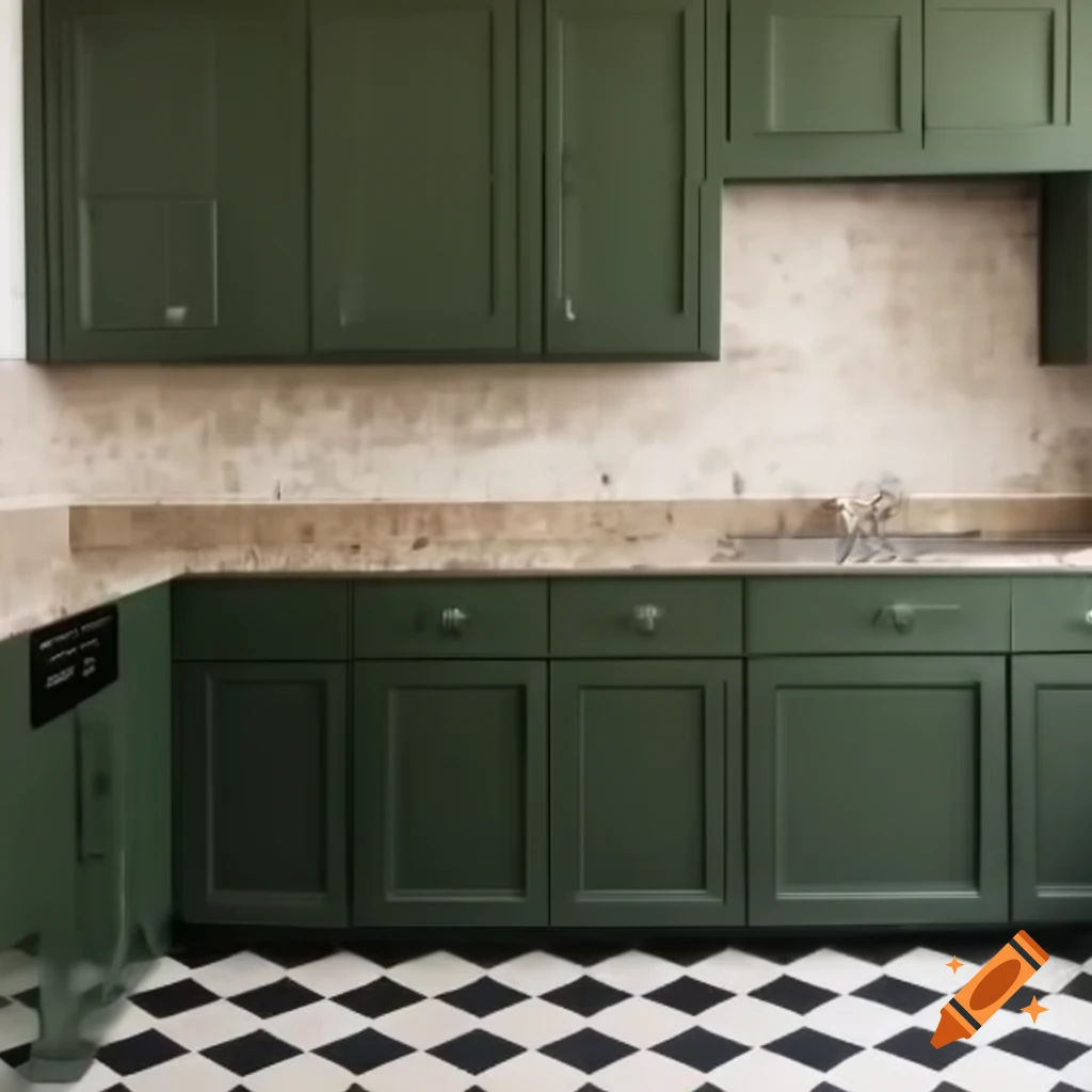 Small kitchen featuring dark green cabinets and tan brown granite countertops