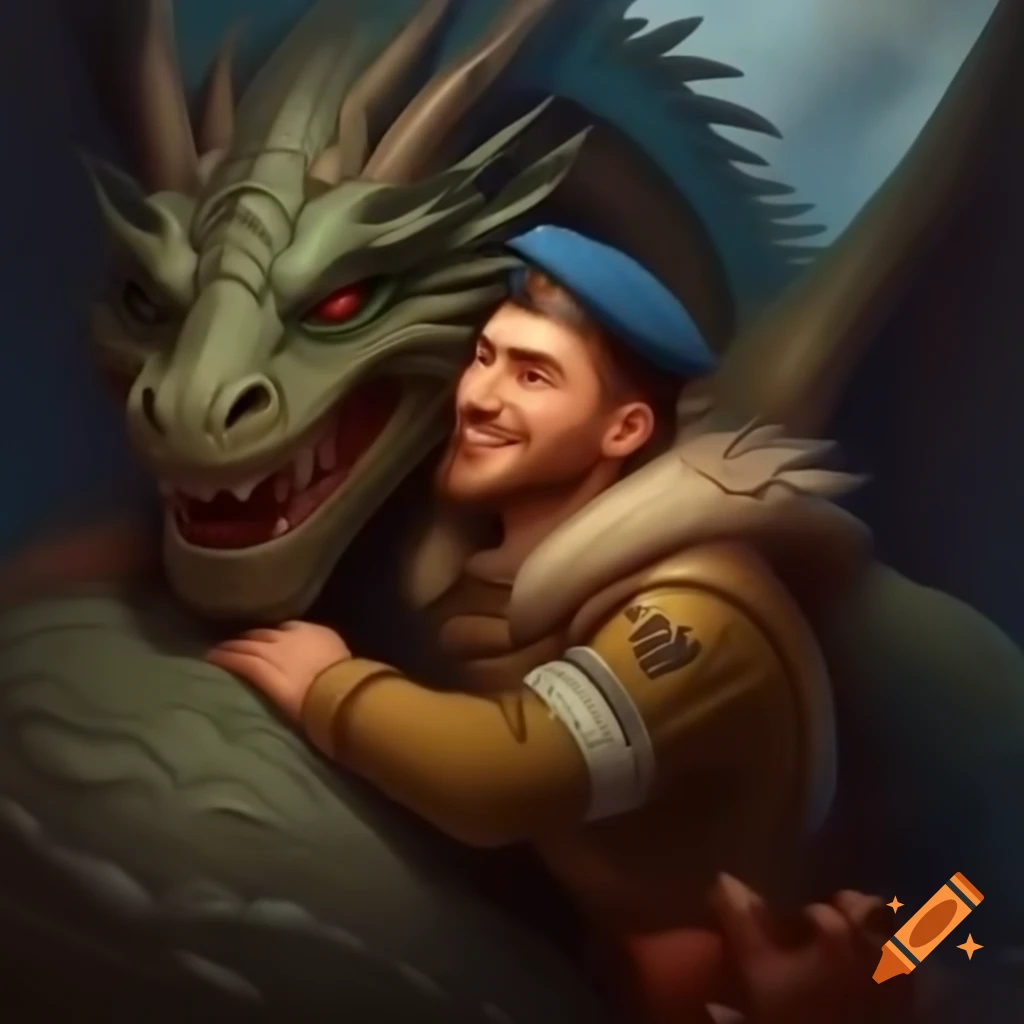 Ukrainian soldier joyfully hugging a large dragon