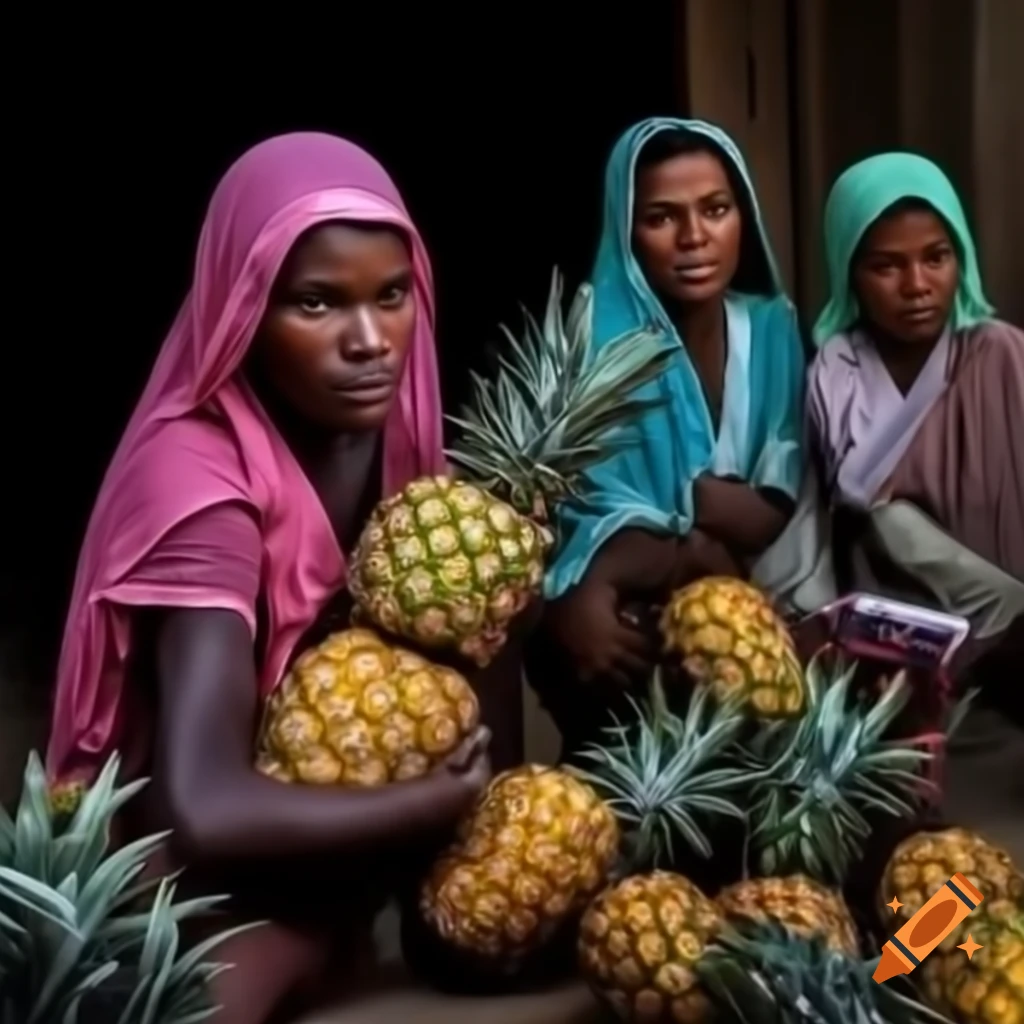 Women selling pineapple art in a market setting