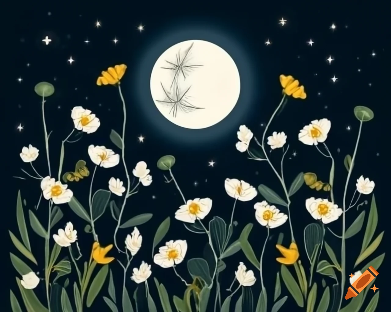 Delicate wildflowers with white and yellow blossoms around ethereal moon and starry sky