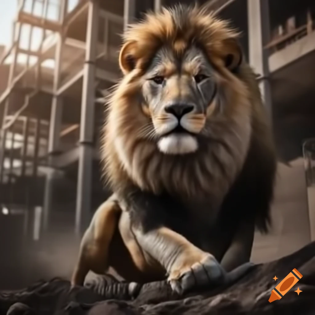 Charismatic lion civil engineer with building under construction