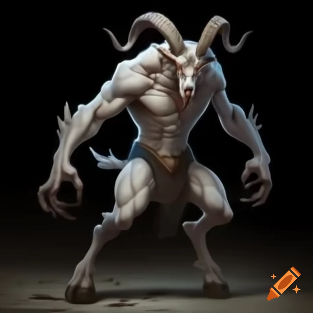 Powerful goat-headed demon with large horns and muscular legs in a standing posture
