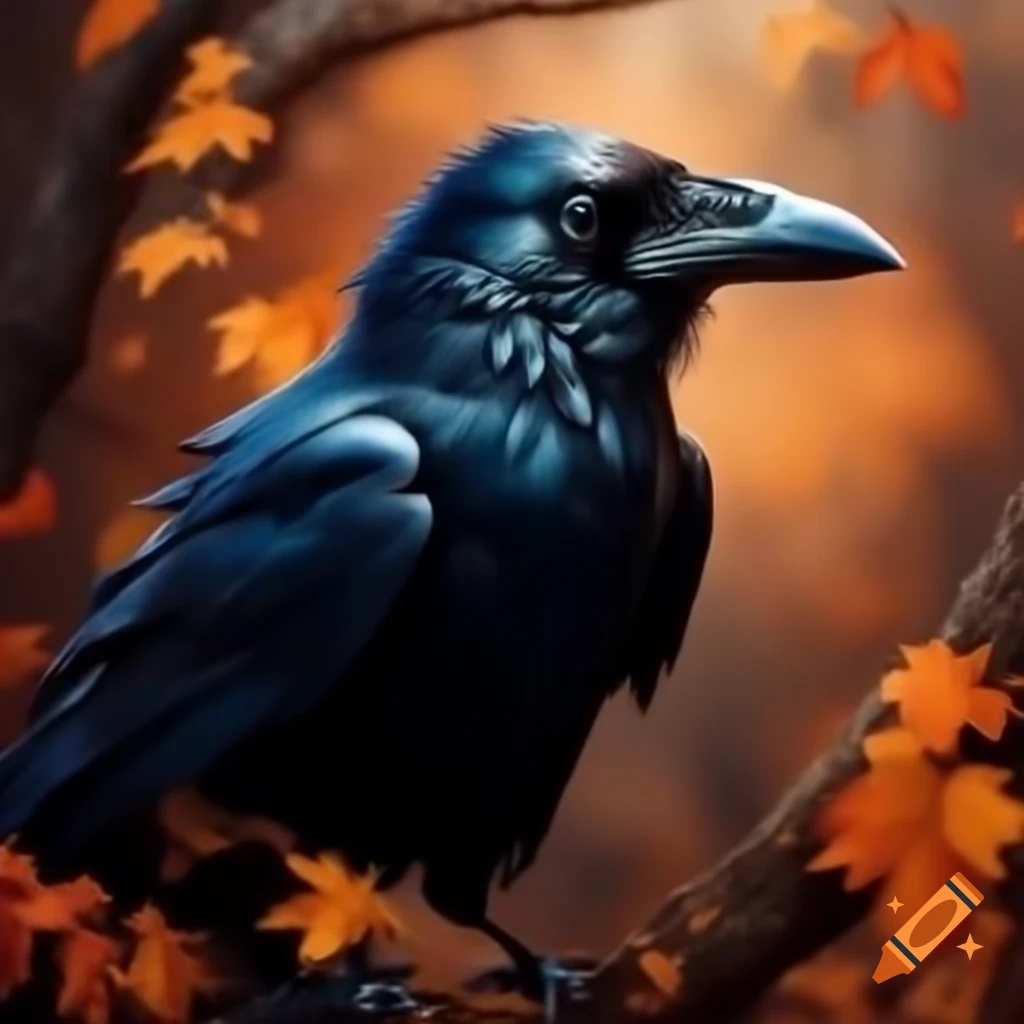 Autumn raven perched in Yggdrasil tree