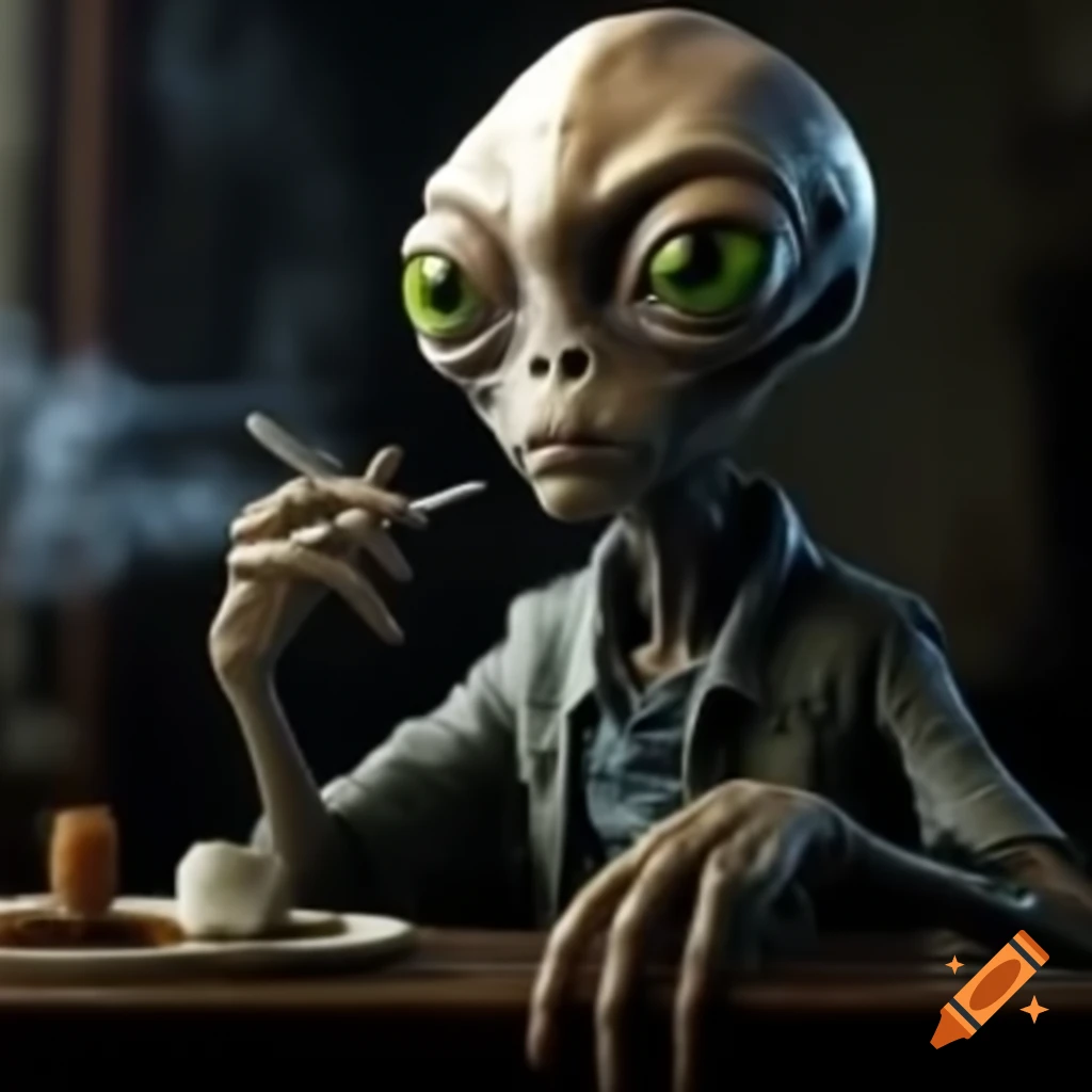 Alien character smoking in a whimsical setting