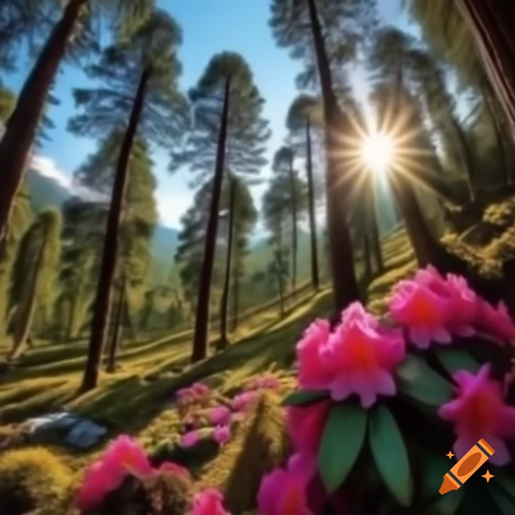 Himalayan region with lush vegetation, sunlit tropical forest, and butterflies