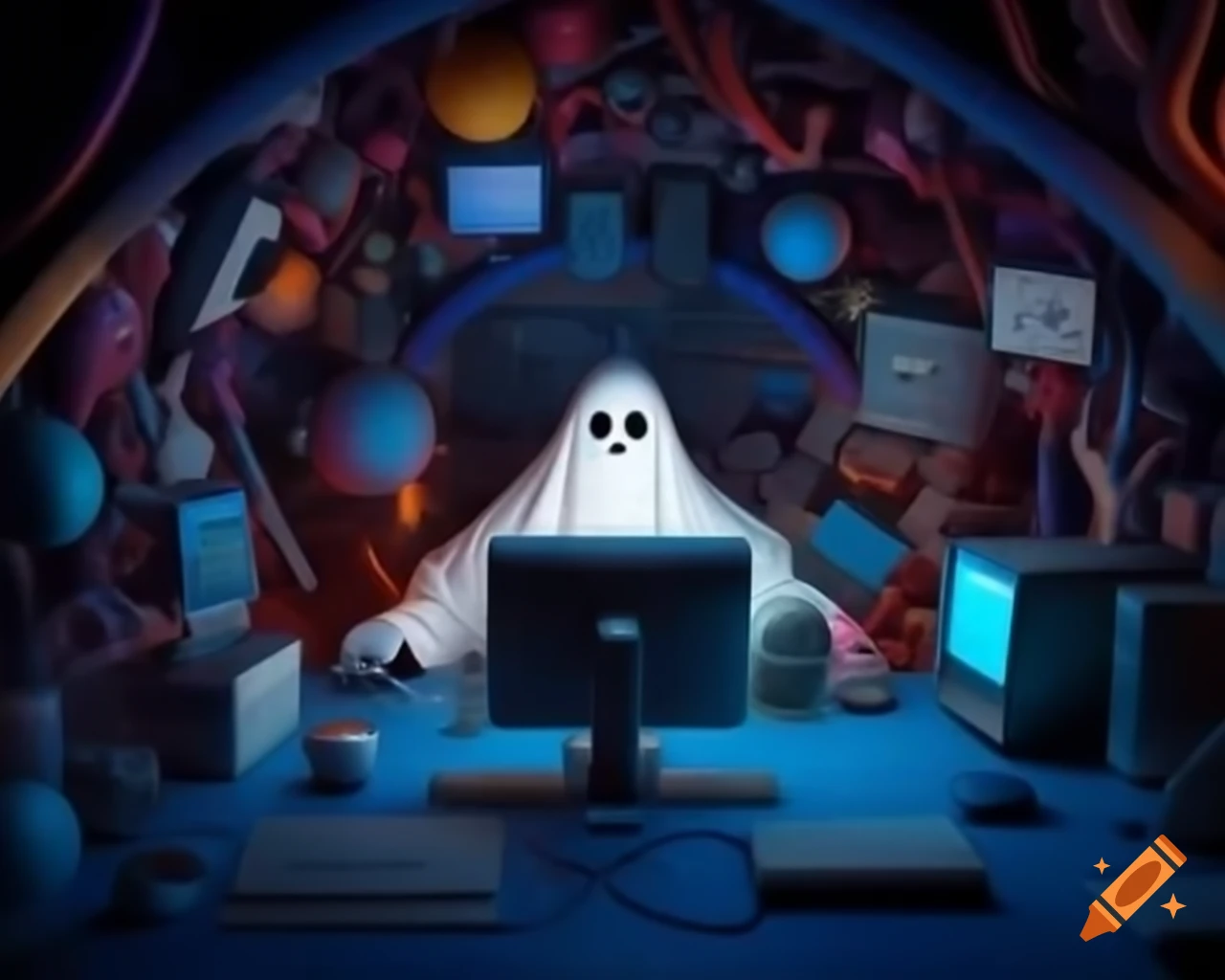 Ghost in colorful haunted house filled with computer parts and technology