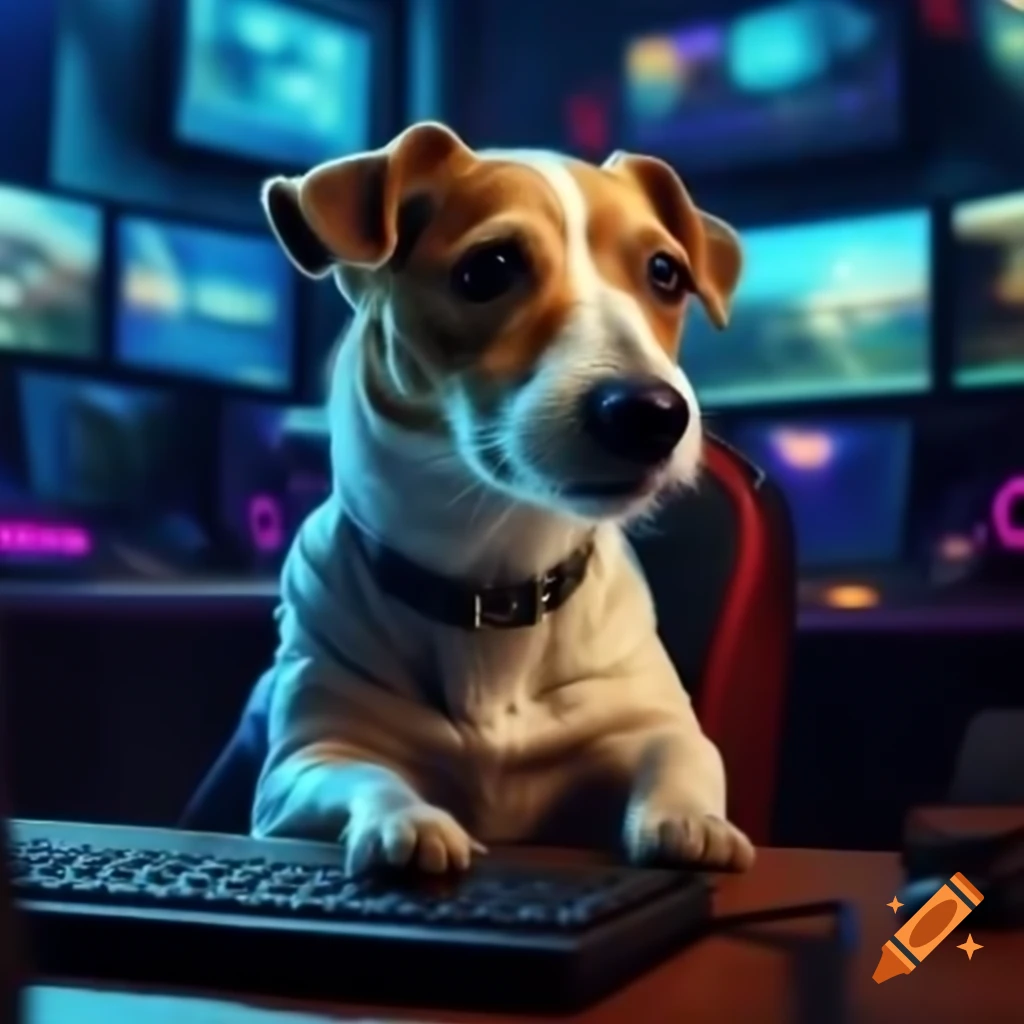 Jack Russell Terrier playing video games at computer