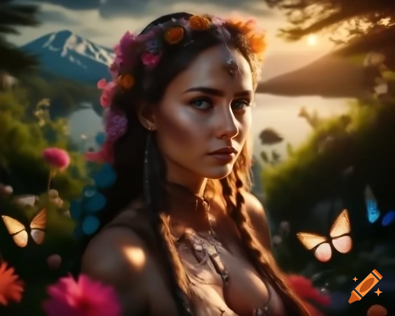 Hyperrealistic render of Slavic woman with flowers and butterflies in her hair