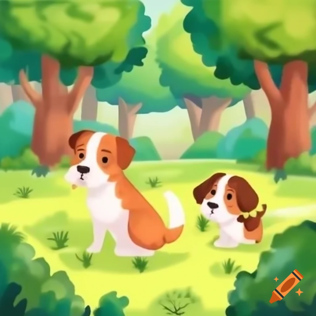 Dogs playing in a grove of trees