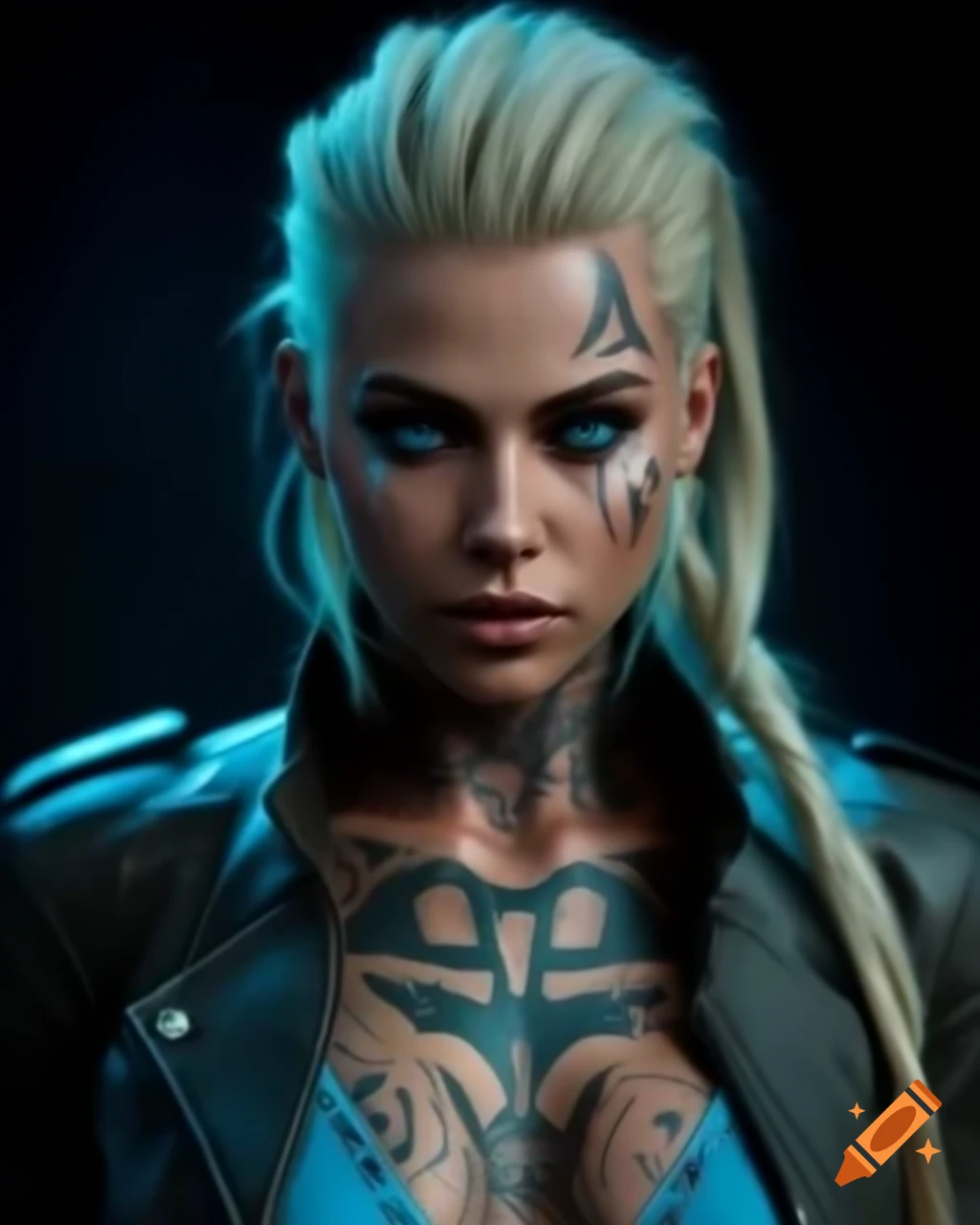 Cyberpunk female with tribal blue tattoo, blonde hair, and leather jacket
