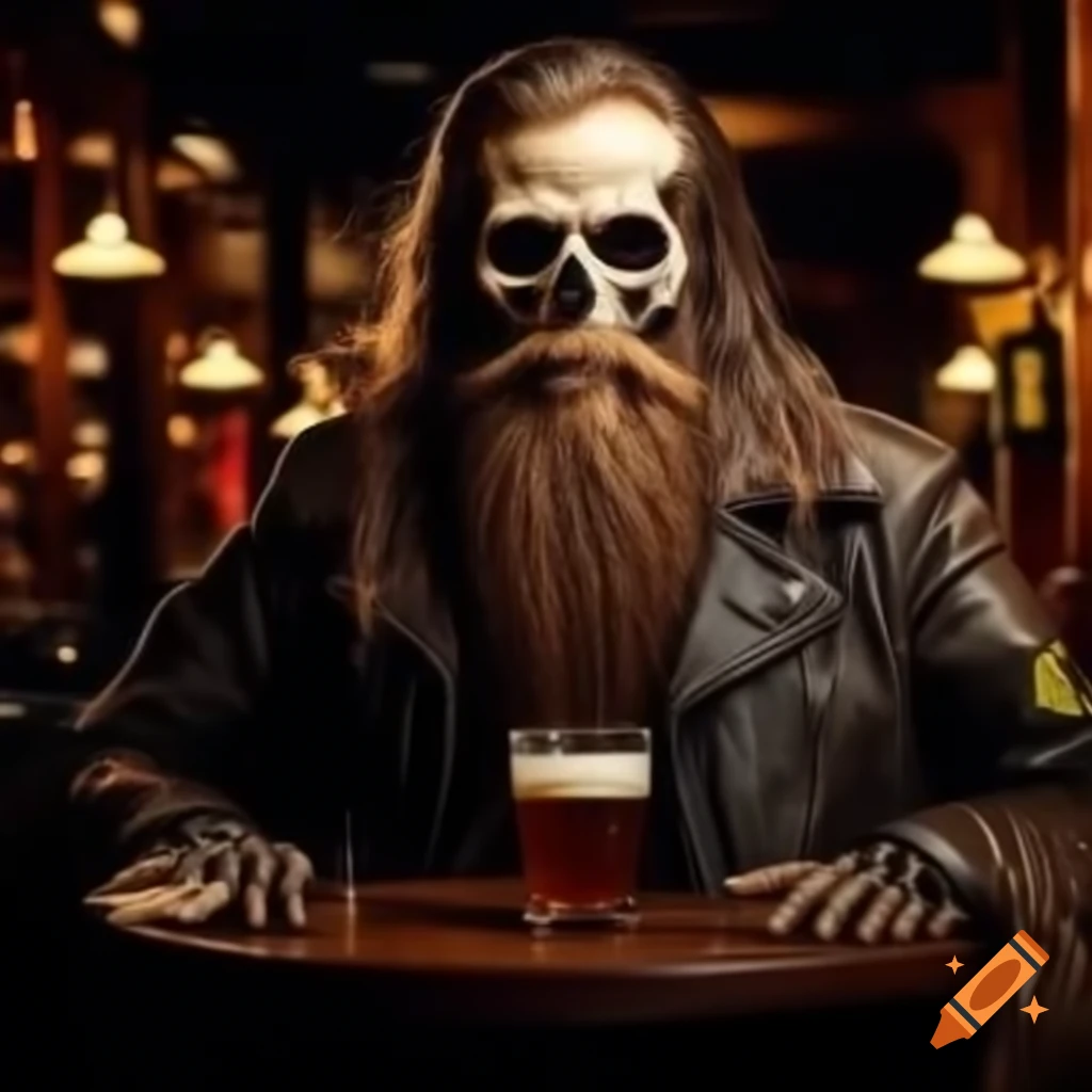 Biker cafe with skeleton barman and long beard