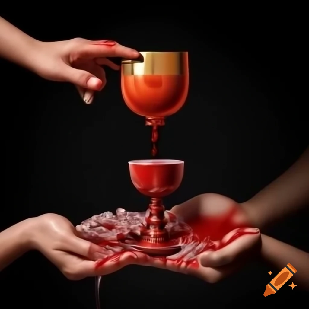 Hands holding Bloody Chalice with drops of blood, lotus flower and earth