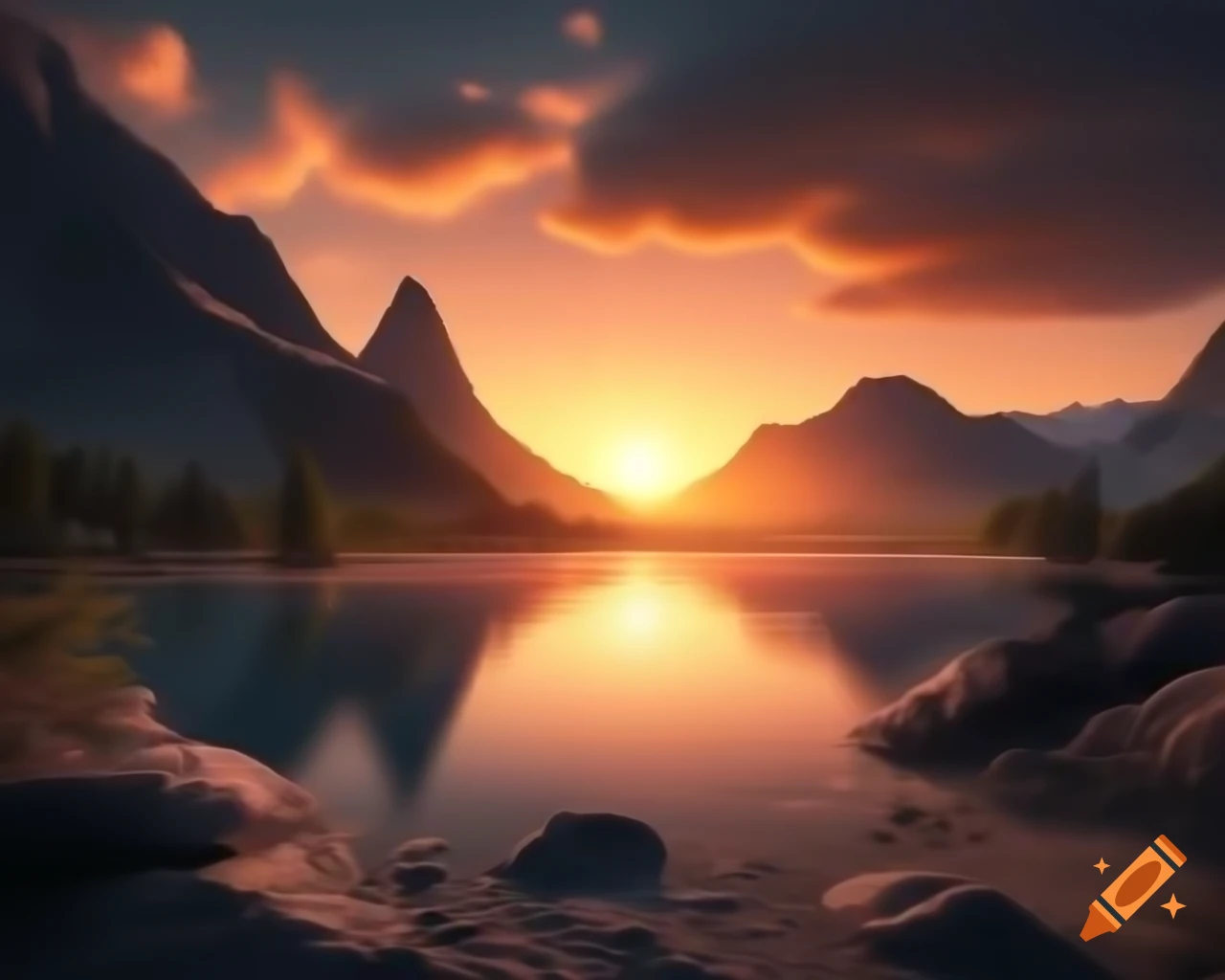 Photorealistic 3D render of mountain lake at sunset with island background