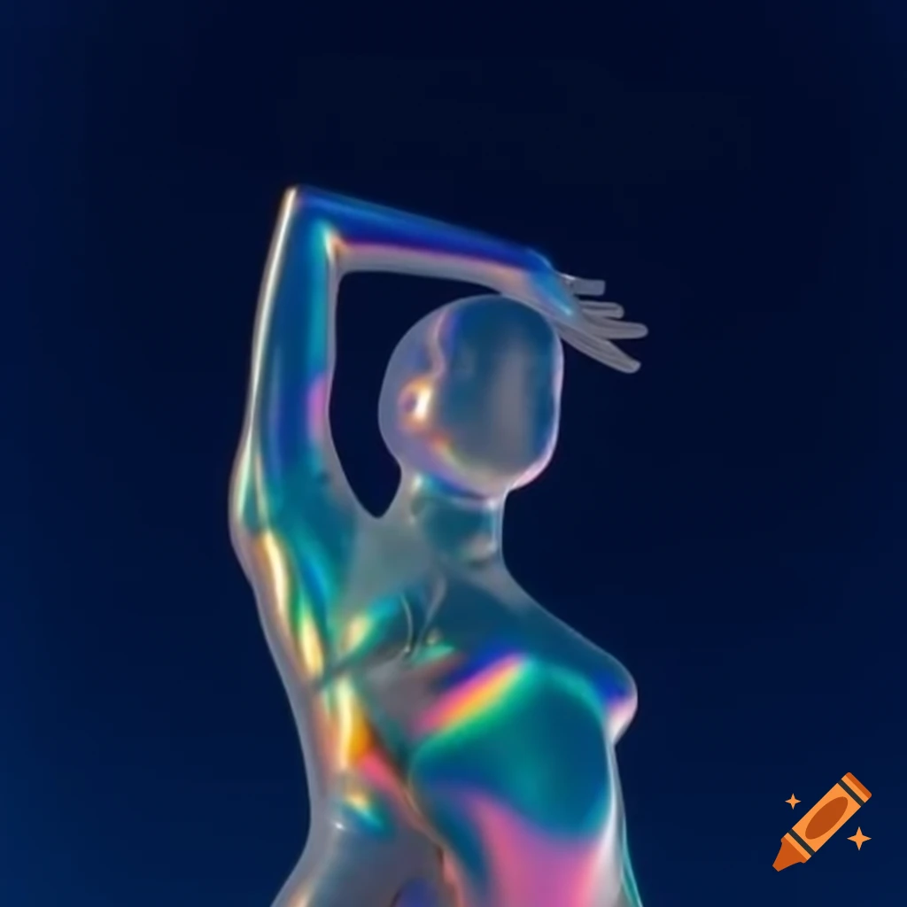 Pop surreal photography featuring iridescent glass statue against bright night sky