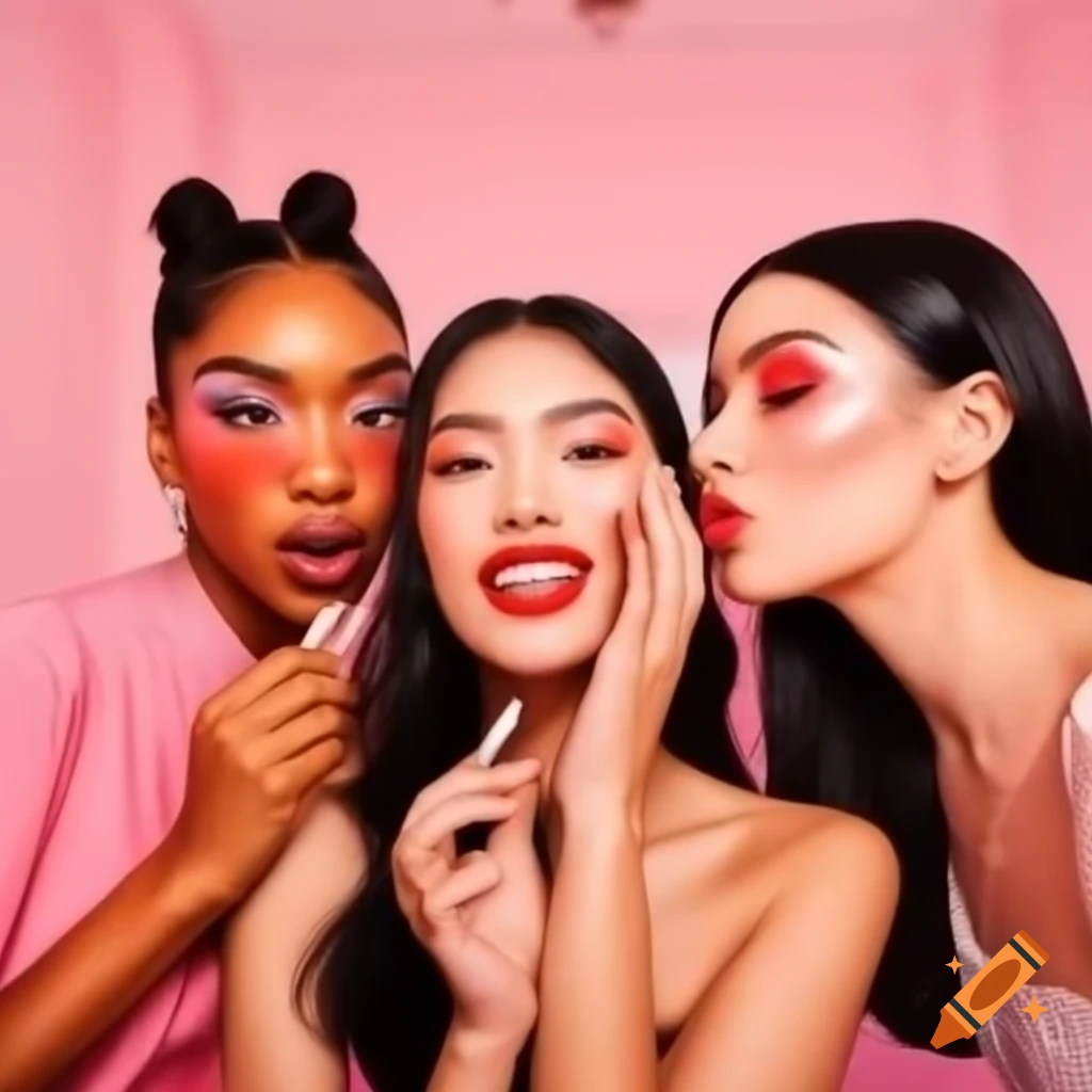 Three females celebrating with makeup in pink room