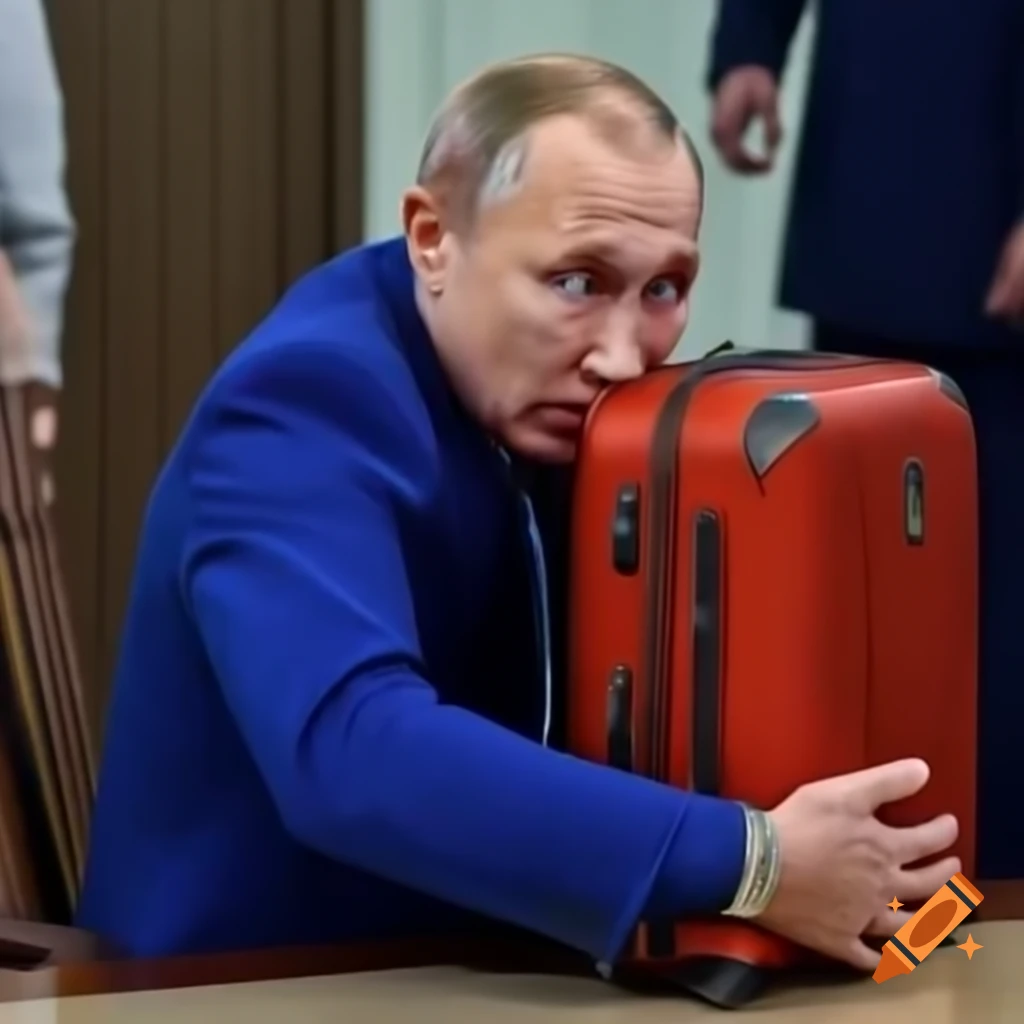 Vladimir Putin expressing shock while looking at an overstuffed suitcase