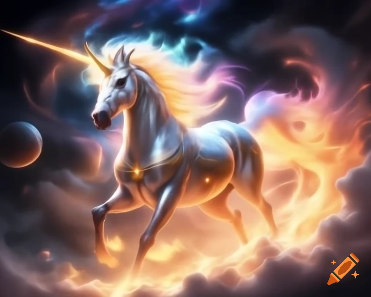 Unicorn galloping through heavenly light with cosmic mane