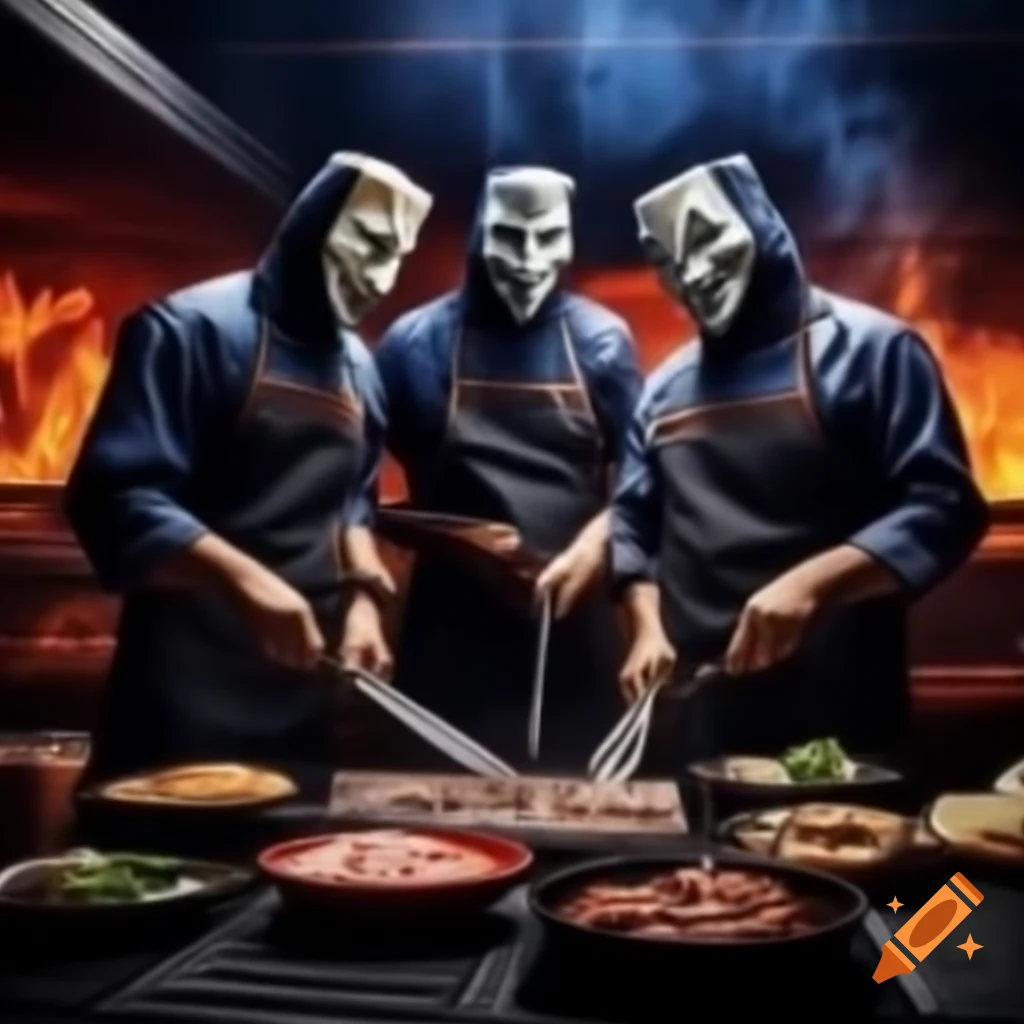 Figures in Anonymous masks gathering around grill for barbecue feast