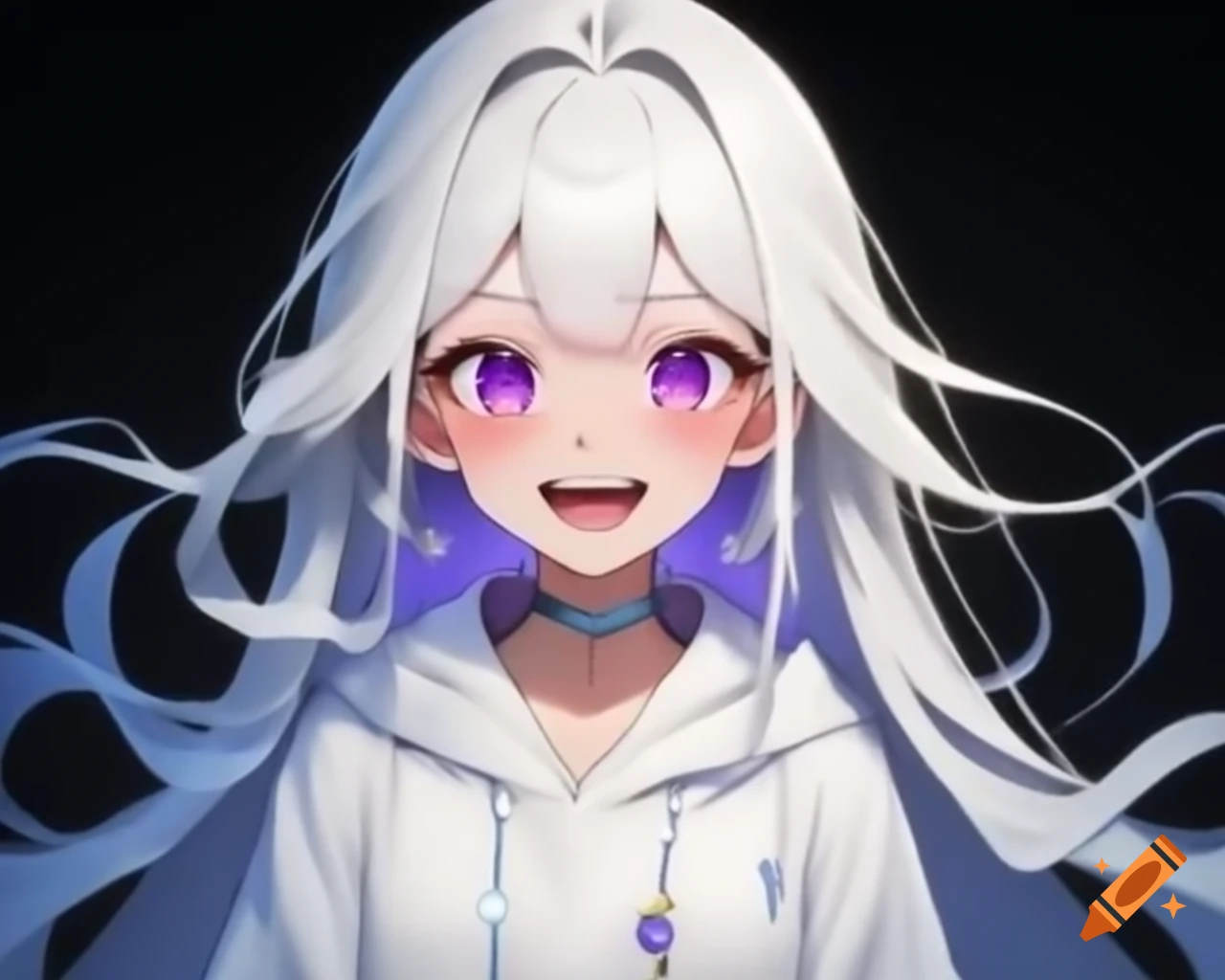 Girl in white robes with purple eyes and bluish white hair, laughing