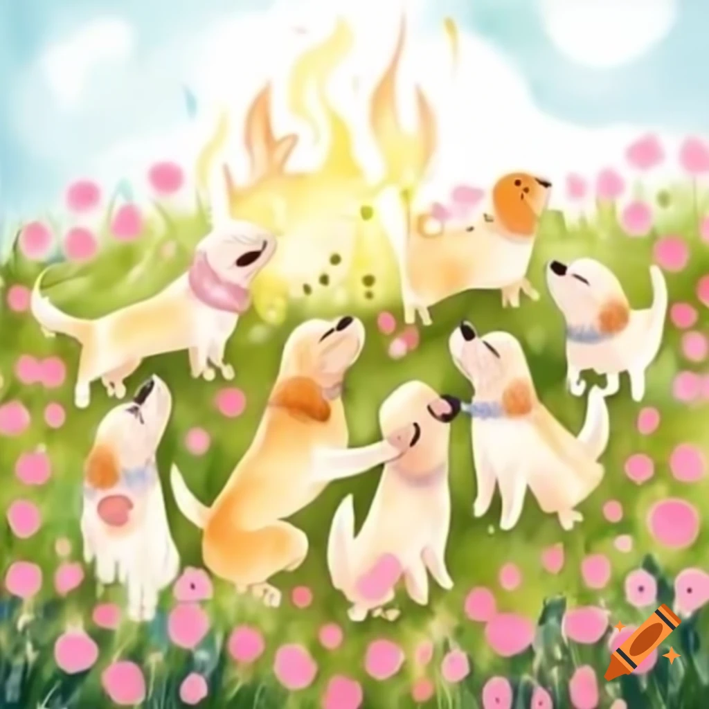 Whimsical watercolor featuring golden retrievers in vibrant meadow with pink flowers