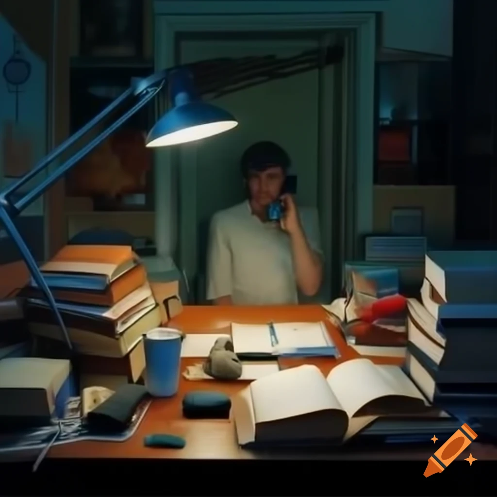 Cluttered desk with textbooks and laptop, person looking at cracked phone