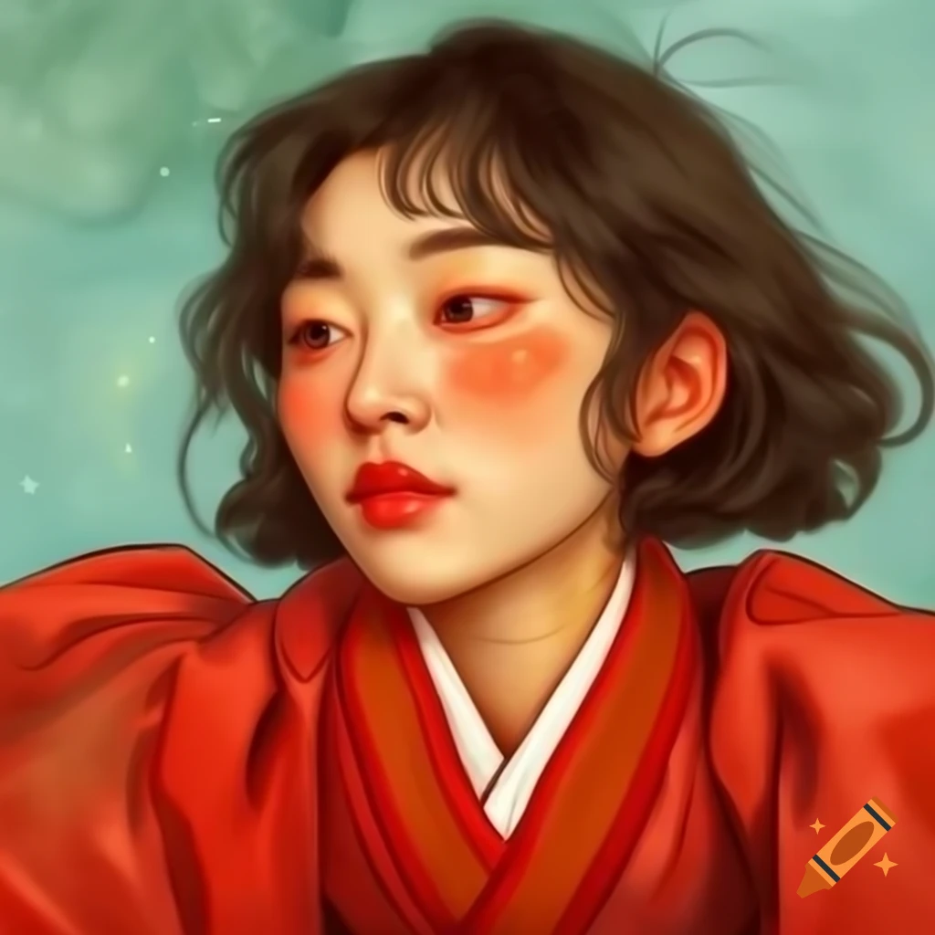 Charming Korean woman in red, animated style with Van Gogh and Rembrandt influences
