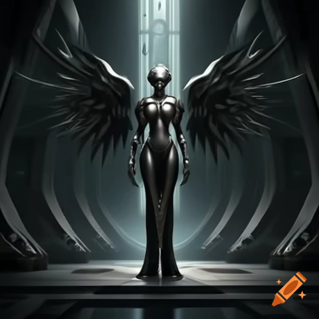 Futuristic metal angel with alien design hovering in large room, guarding black obelisk