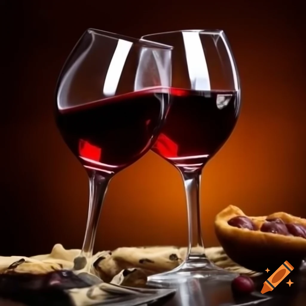 Two glasses of red wine toasting on a table with sweets