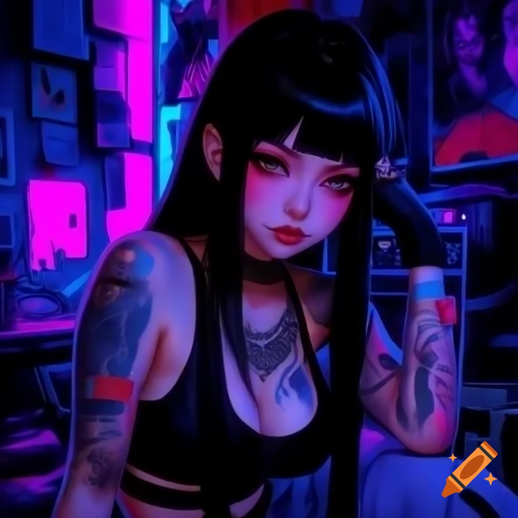 Punk-inspired young woman in dystopic fashion with black hair and crop top
