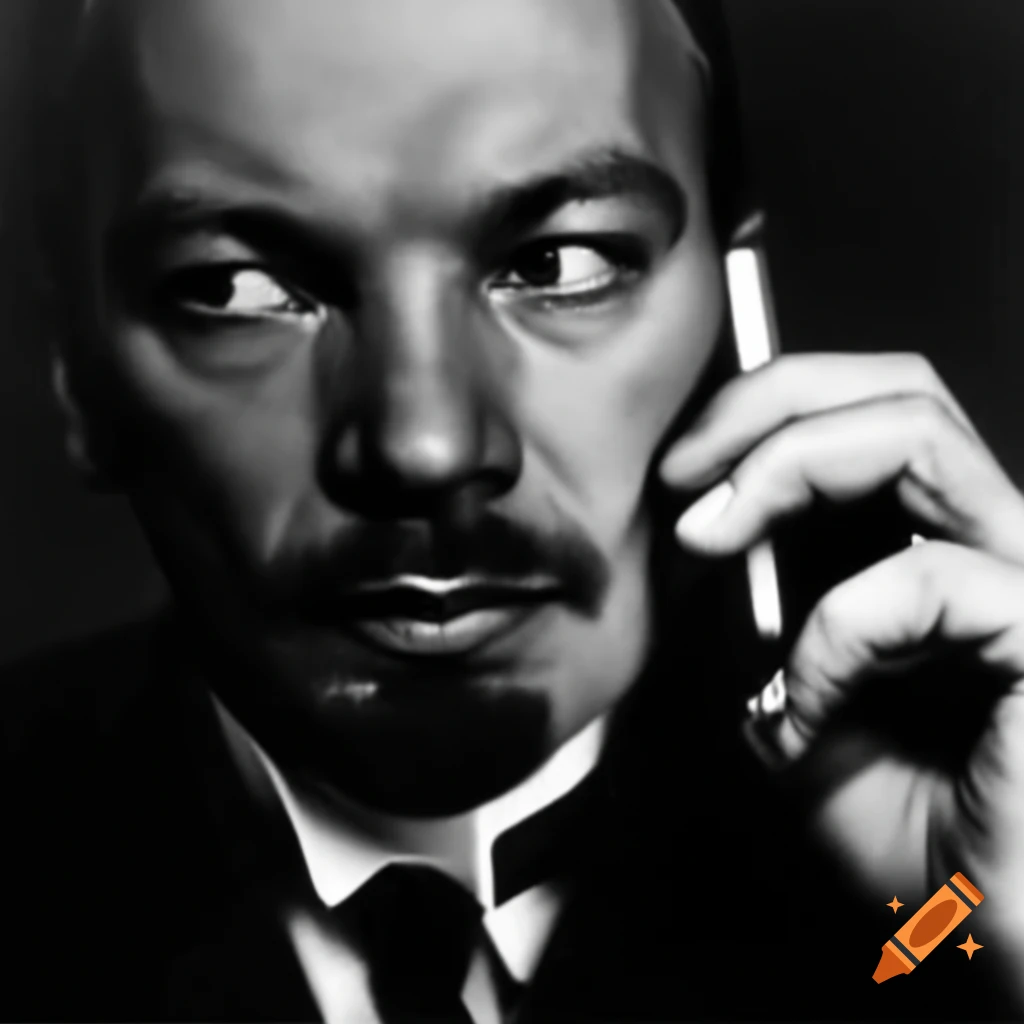 Vladimir Lenin holding smartphone with a fearful expression