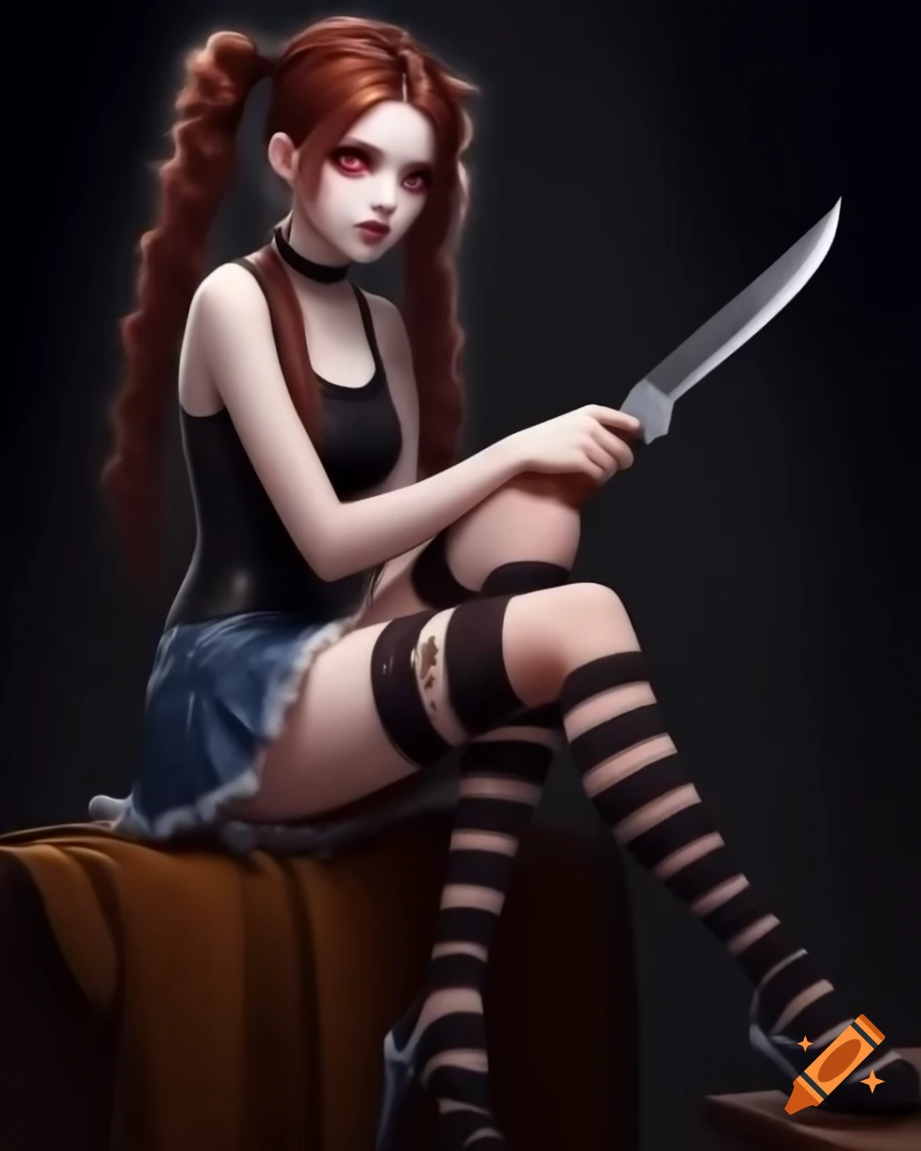 Goth anime girl with knee socks, skirt, and knife, featuring braided hair and a menacing smile