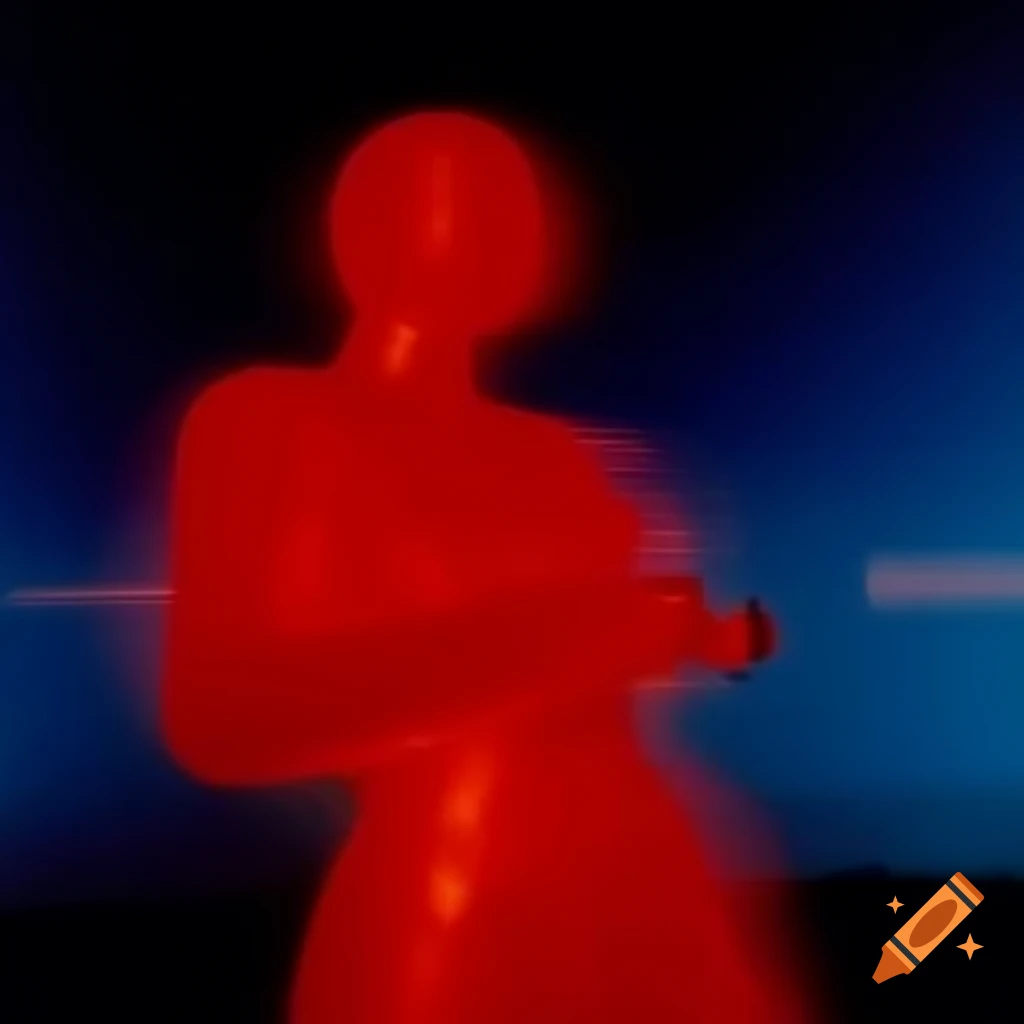 Pop surreal photography featuring red glass statue with ps1 visuals on