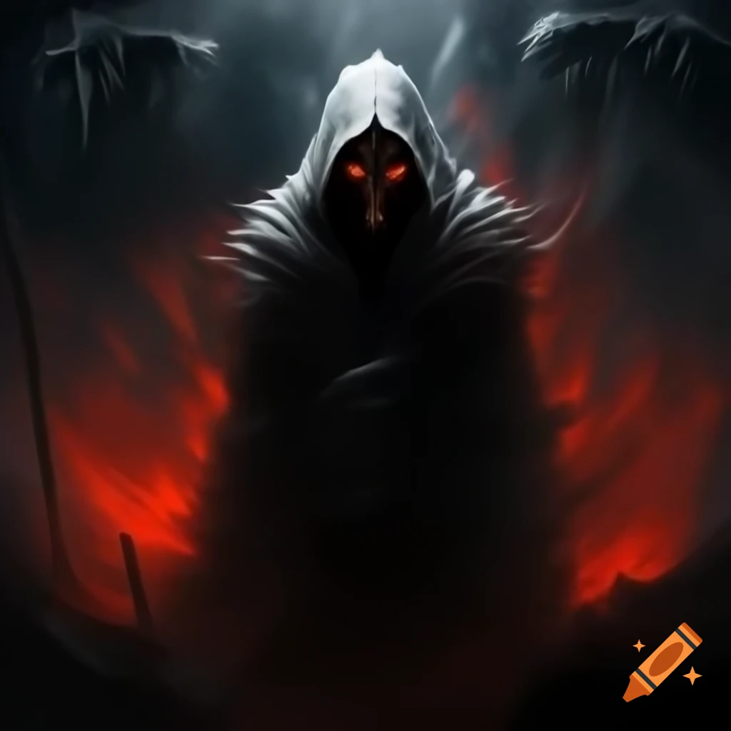 Reaper figure illuminated in crimson dusk, creating a dramatic shadowy presence