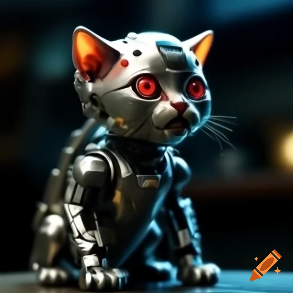 Cybernetic kitten with glowing red eyes and metallic blade