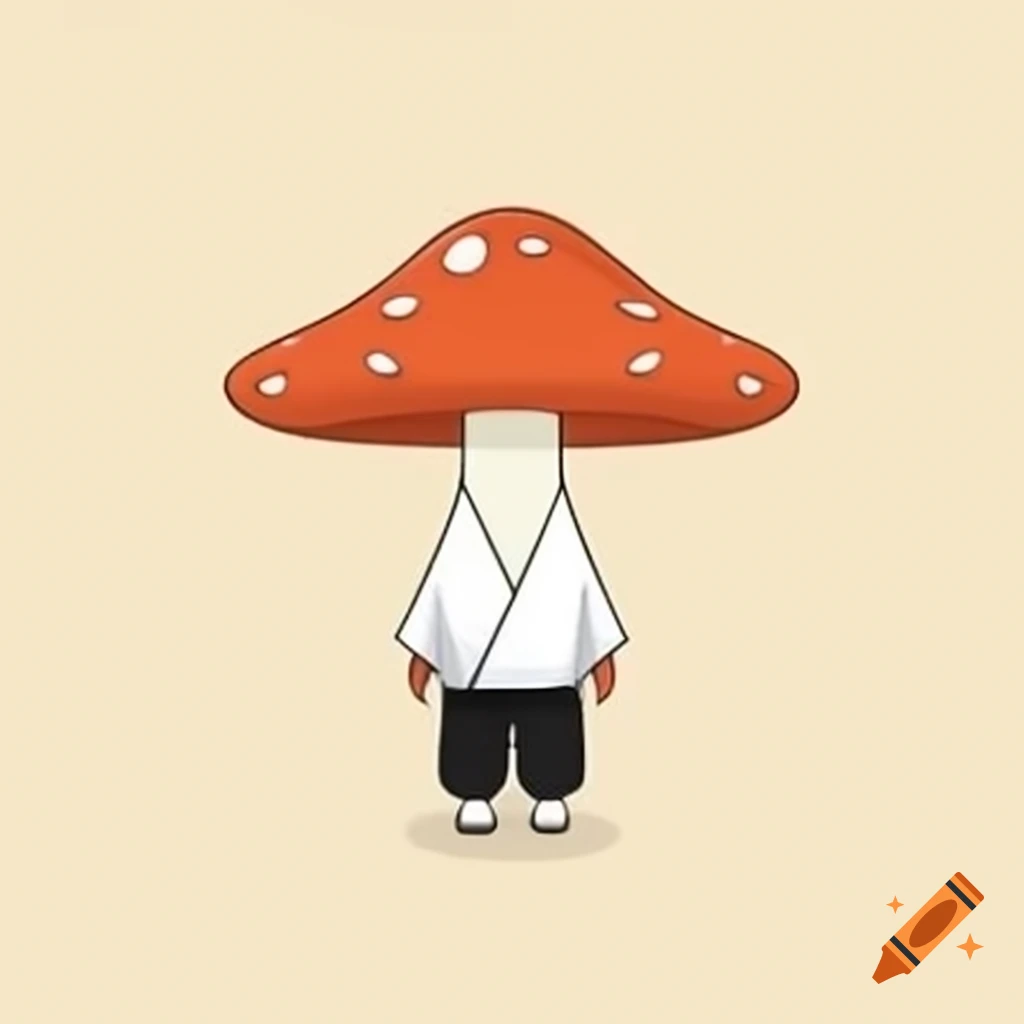 Mushroom character wearing white kimono and black pants