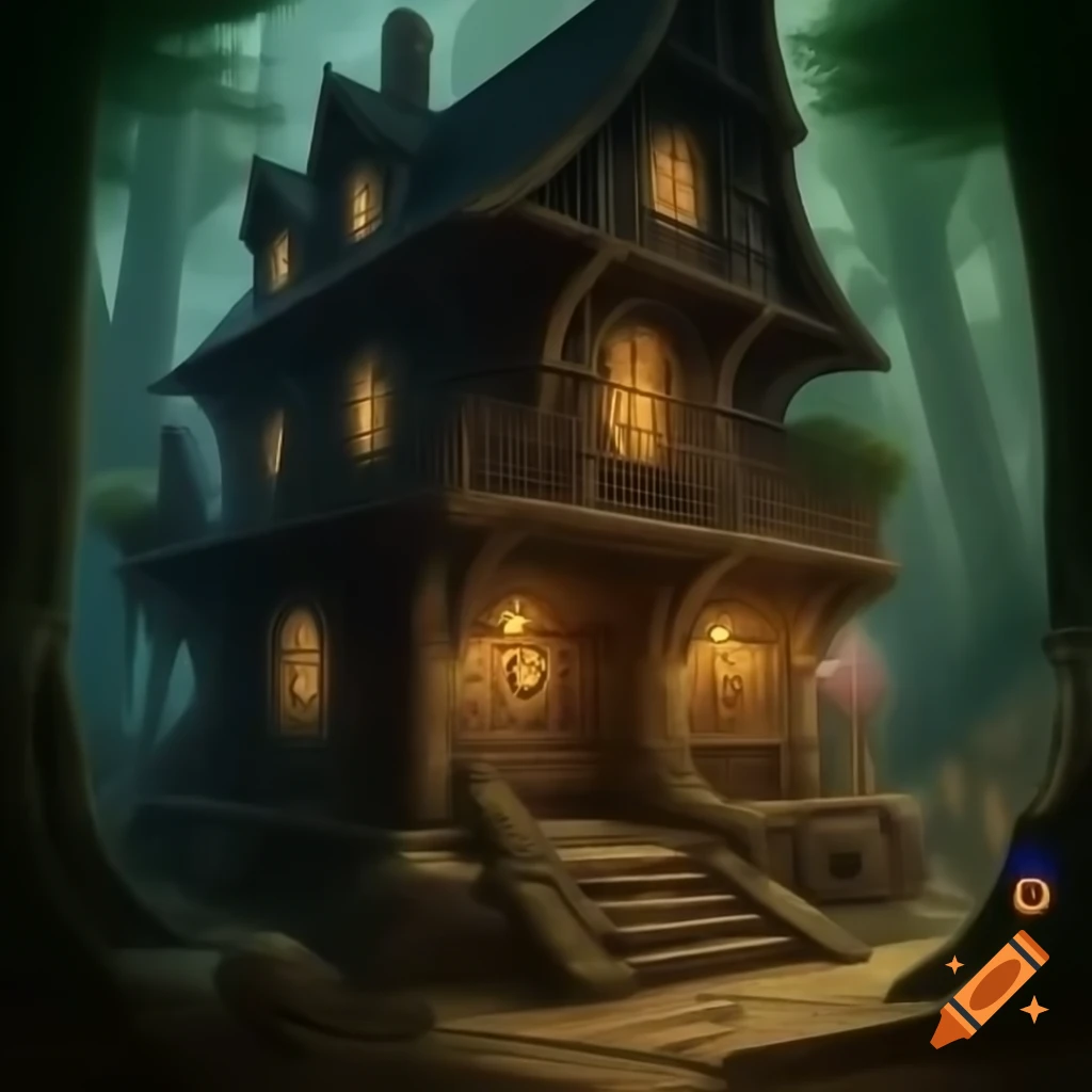 Victorian style tavern in a steampunk fantasy setting near a forest