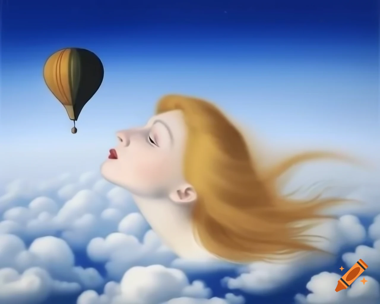 Surreal painting of woman's head in clouds with hot air balloon inspired by Salvador Dali