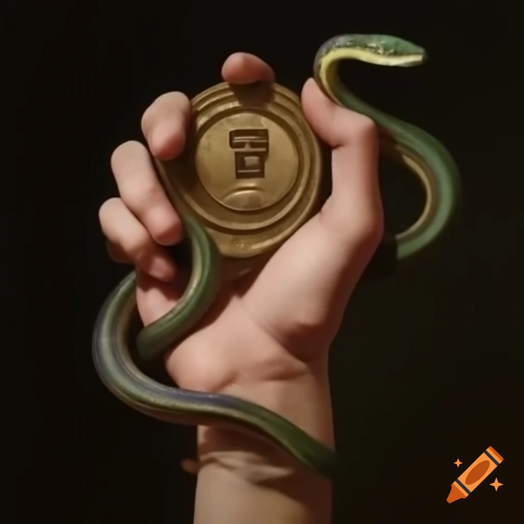 Hand holding medal featuring a snake design