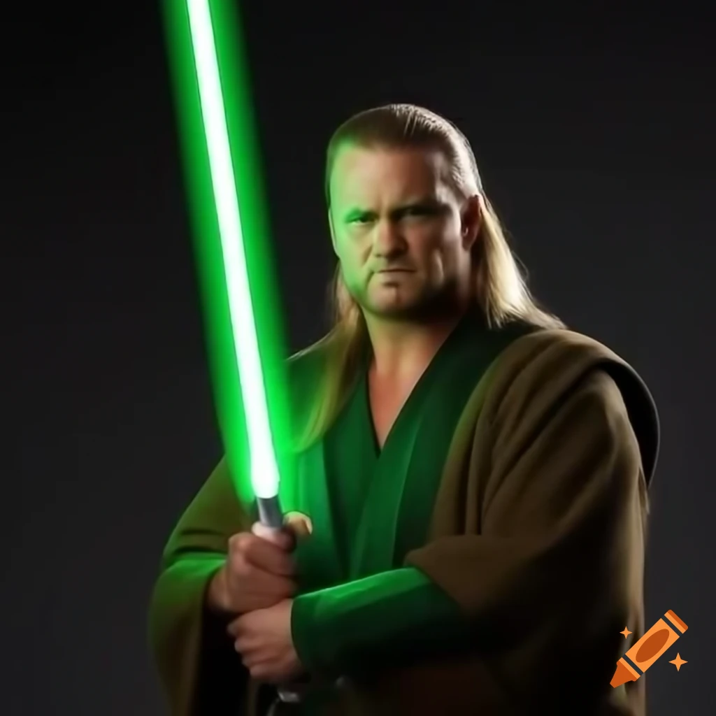 Chris Jericho in a tan Jedi robe holding a green lightsaber